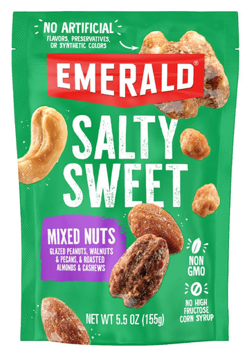 Emerald Salty Sweet Mixed Nuts, Kettle Glazed Peanuts, Almonds, Cashews, Walnuts, Pecans, 5.5oz Resealable Bag, Green