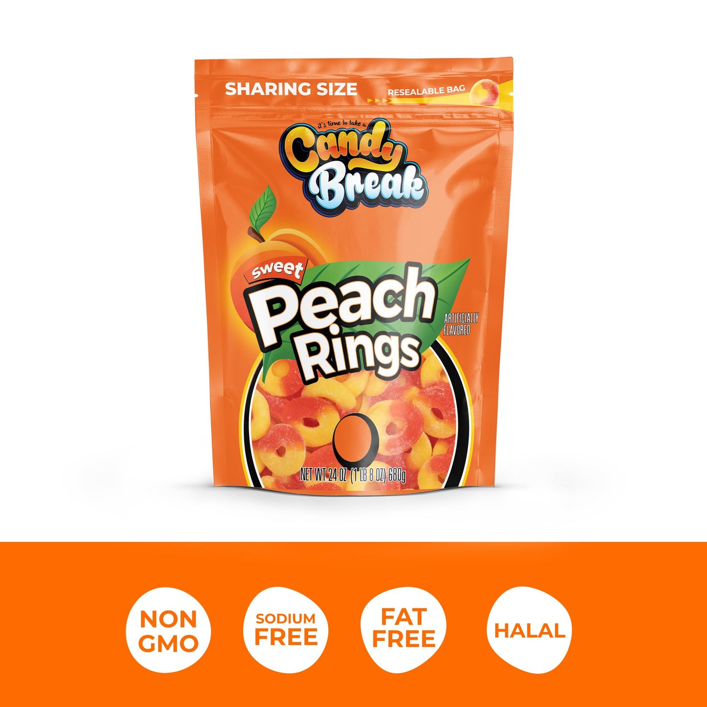 Candy Break Fruity Peach Rings 24 Oz Share Size Bag - Sweet & Chewy Gummies Bulk Candy Pack - Snacks For Kids & Grown Ups