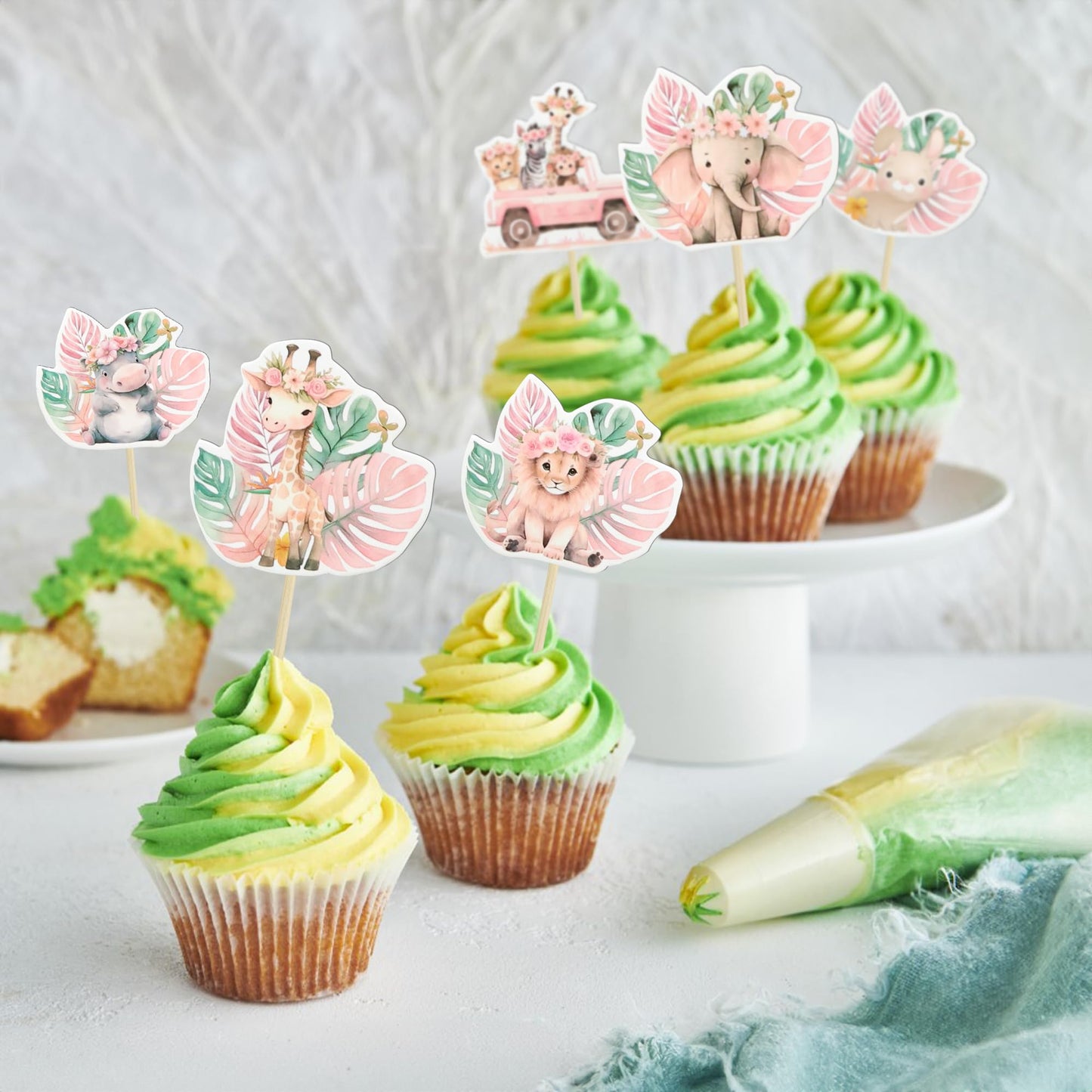 Gyufise 36Pcs Pink Safari Baby Shower Cupcake Topper Floral Jungle Animals Baby Cake Decorations Safari Theme Cupcakes Toppers F