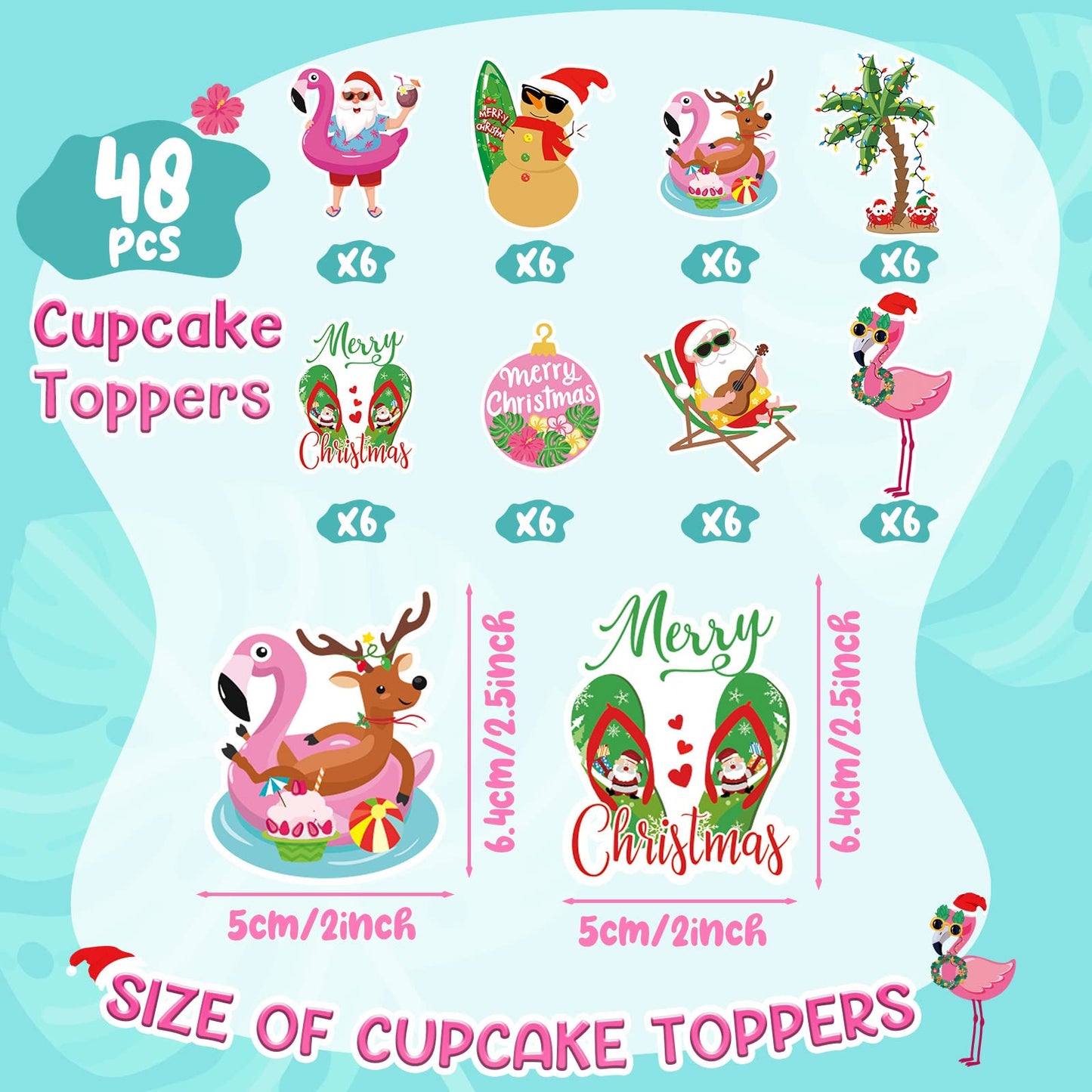 Tatuo 48 Pcs Cupcake Toppers, Santa Claus & Flamingo, 7.2 x 1.18, Multicolored, Cardboard, for Summer & Christmas Parties