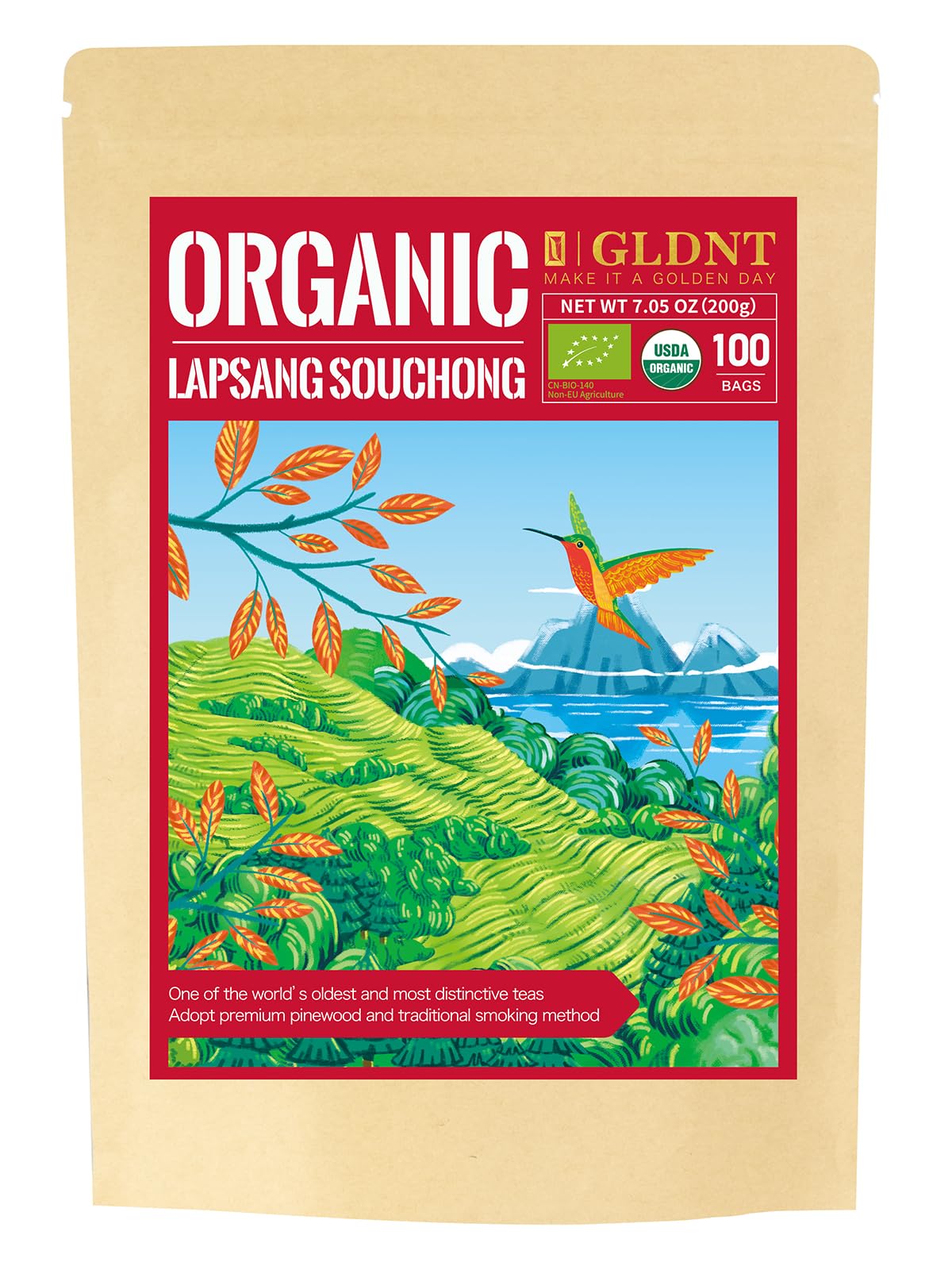 GLDNT Organic Lapsang Souchong Tea Bags, Smoked Black Tea, Caffeinated, 100 Count