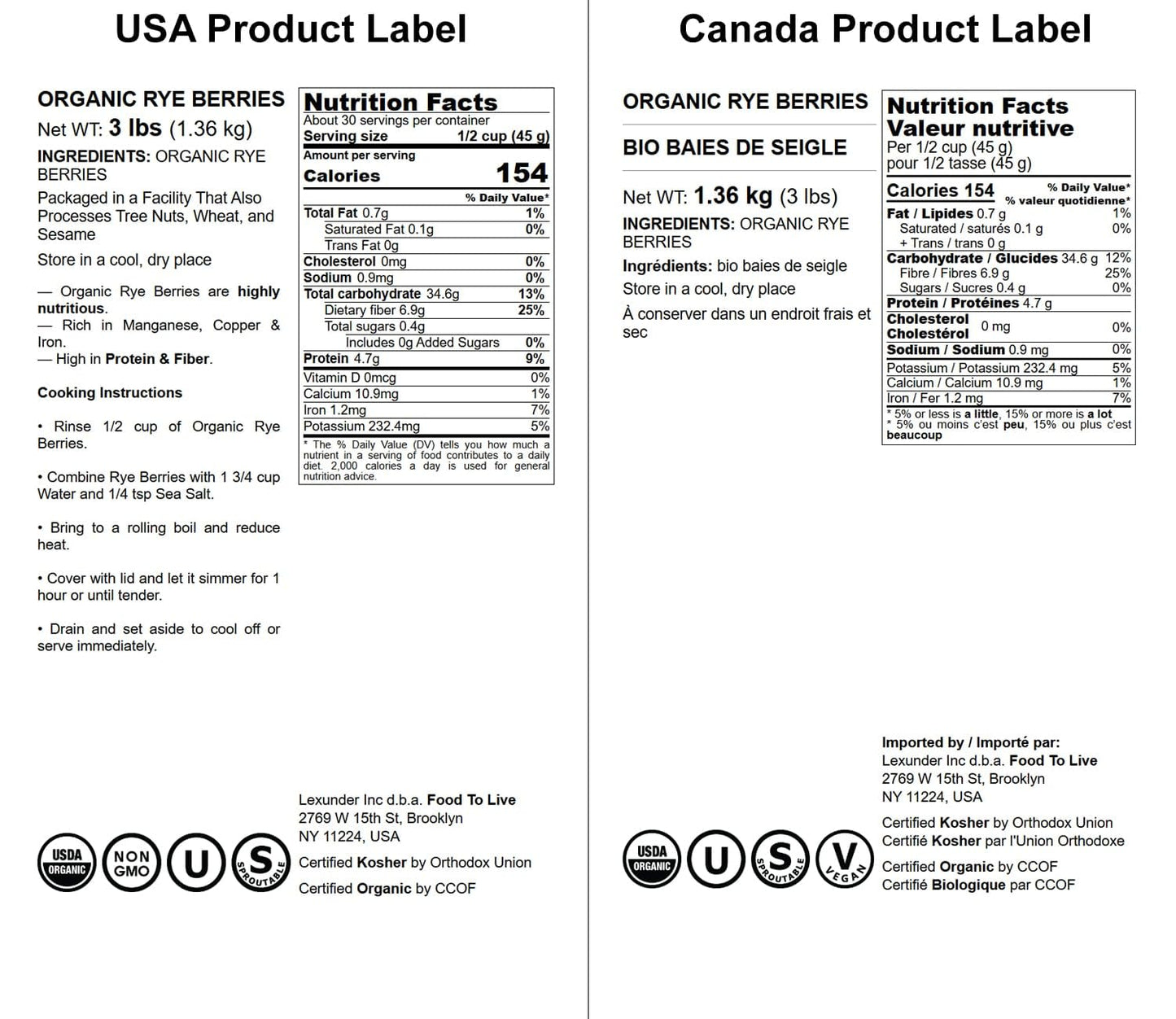 Food to Live Organic Rye Berries - Non-GMO, Kosher, Raw, 3 Pounds