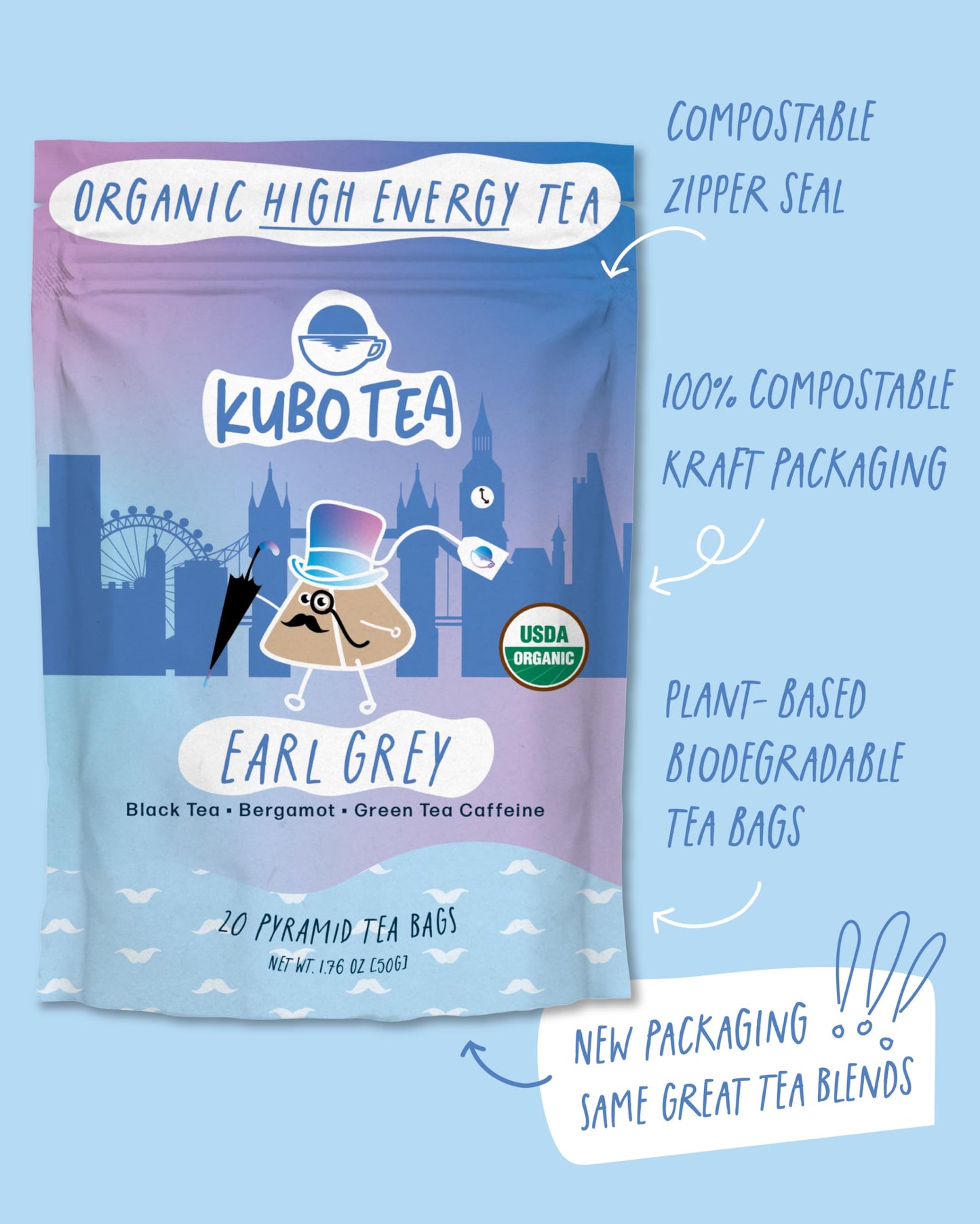 High Caffeine Tea (155 Mg) - Kubo Tea: Organic Earl Grey Black Tea Bags For Clean Energy & Focus | Healthy Coffee Substitute | Bergamot Caffeine Blend | 20 Ct | Compostable Packaging
