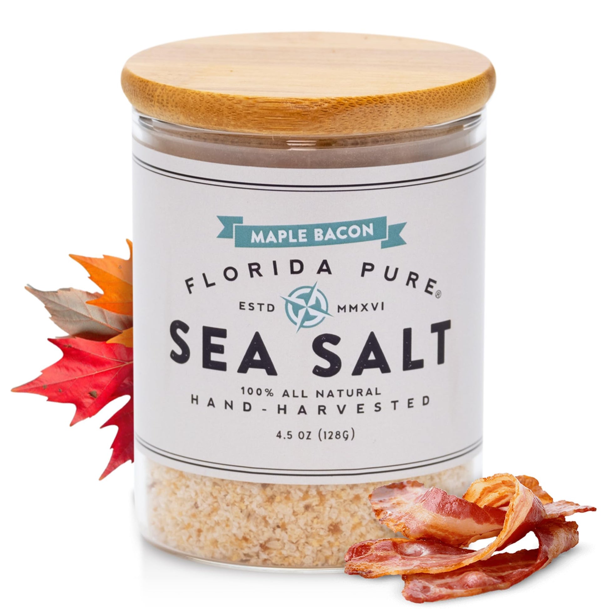 Florida Pure Maple Bacon Sea Salt - Smoky Flaky Sea Salt, 4.5 oz Jar, Natural, Unrefined, Non-Iodized for Cooking and Seasoning