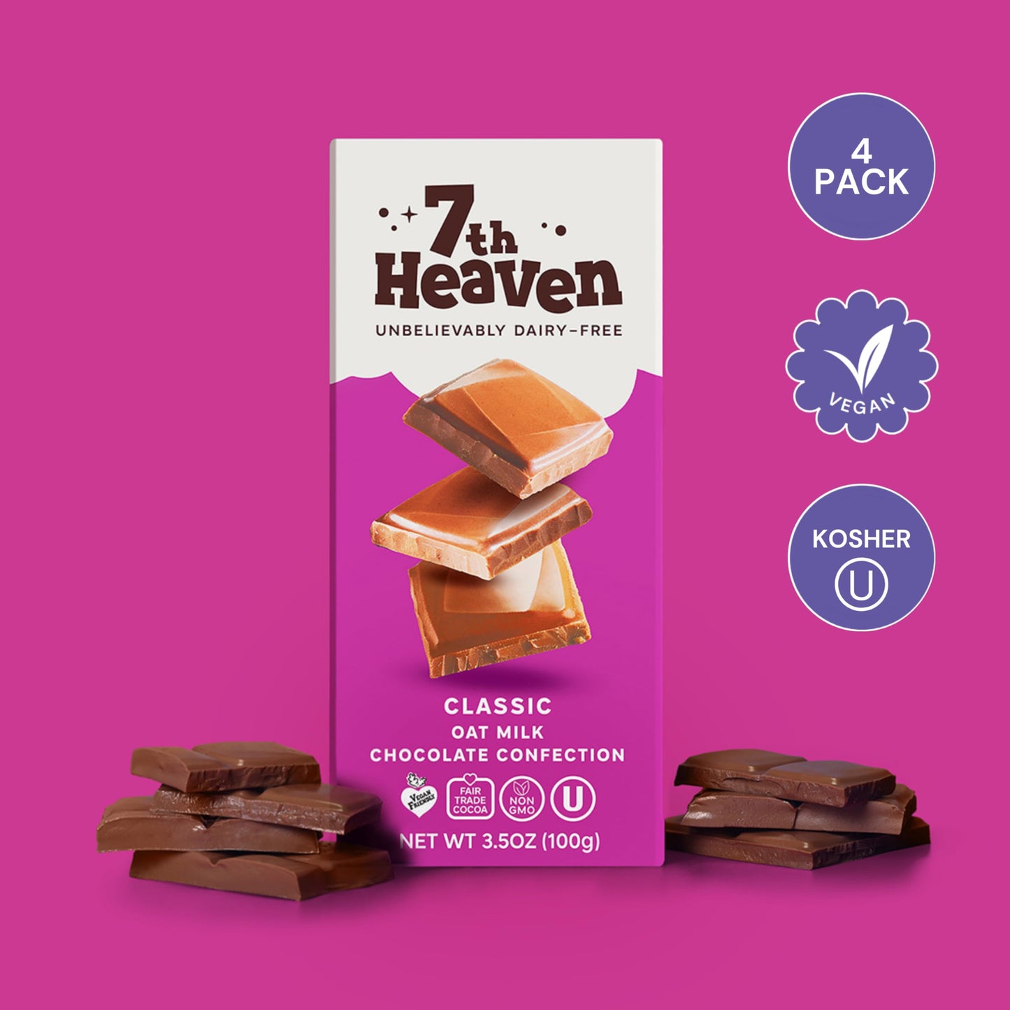 7TH HEAVEN Vegan Oat Milk Chocolate Bars - Dairy Free, 3.5oz, 4 Packs, Fair Trade Cocoa, Peanut Butter Filling, Kosher Parve