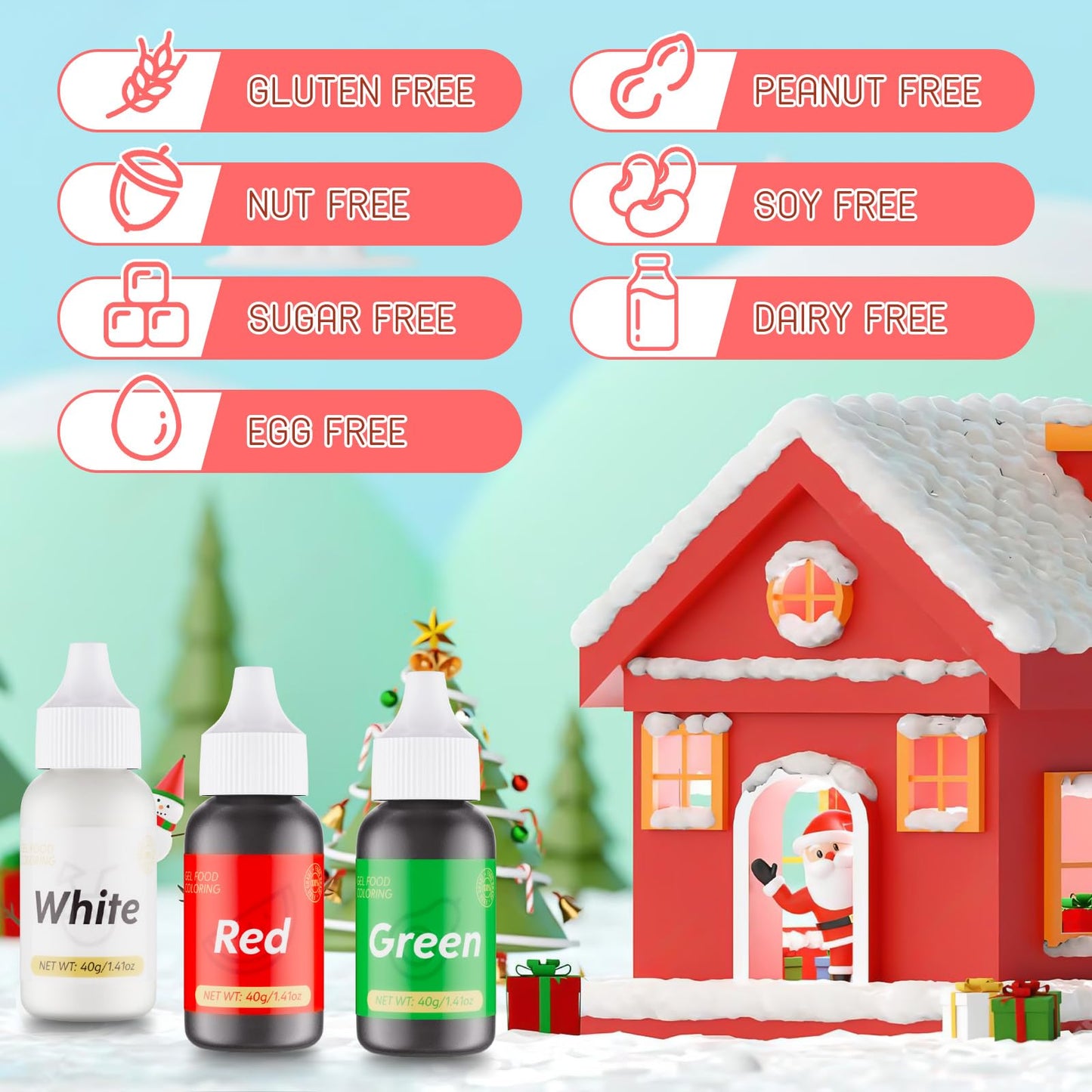 Gel Food Coloring For Cake Decorating - 3 Concentrated Assorted Food Color Edible Christmas Red Green White - Food Grade Dye For