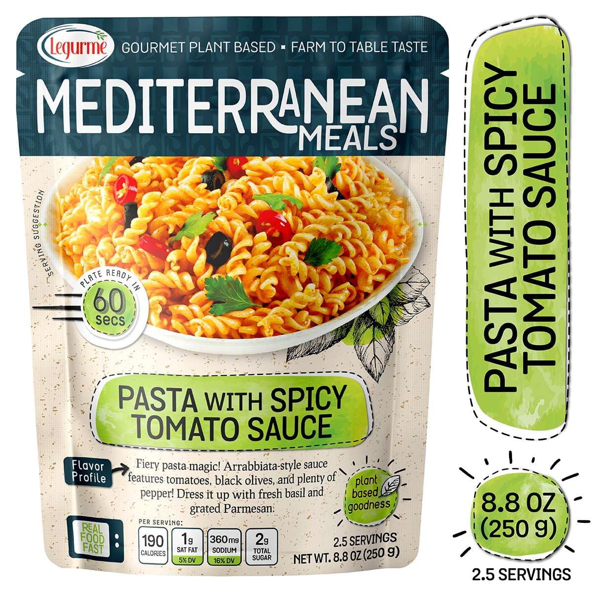 Mediterranean, Ready To Eat Pasta With Spicy Tomato Sauce, Plant Based, Vegan, No Preservatives, No Colorants, No Artificial Fla