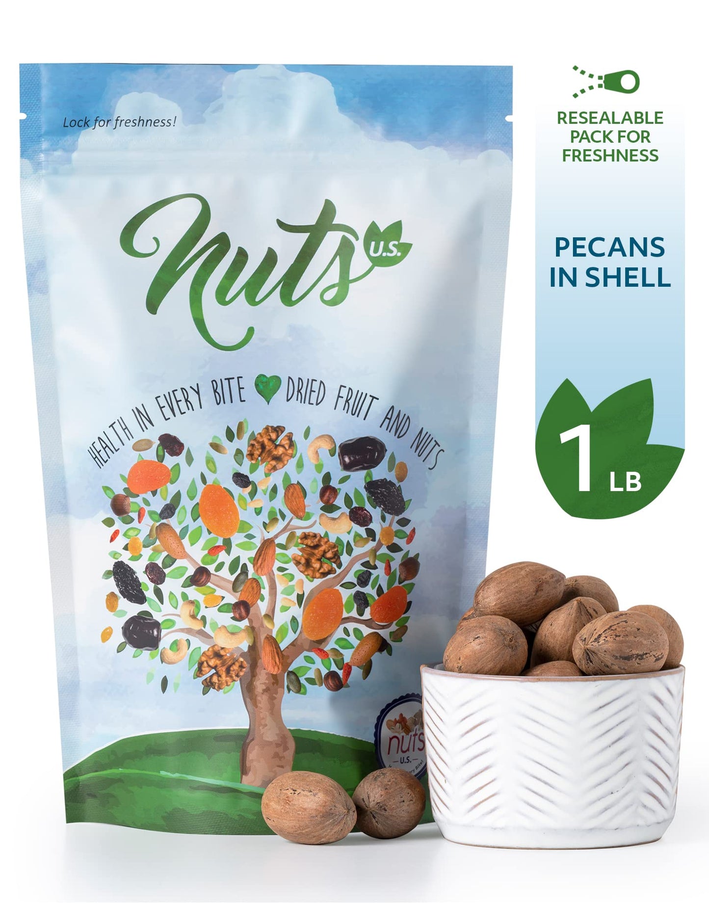NUTS U.S. Pecans In Shell - Whole, Raw, Unsalted - Fresh Buttery Taste - 1 Pound Resealable Bag