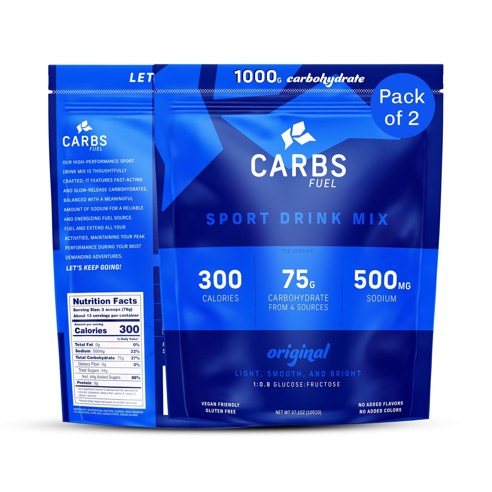Carbs Fuel Sport Drink Powder - Original Flavor, 2 Pack, 1,000g Total, 75g Carbs, 300 Calories Per Serving