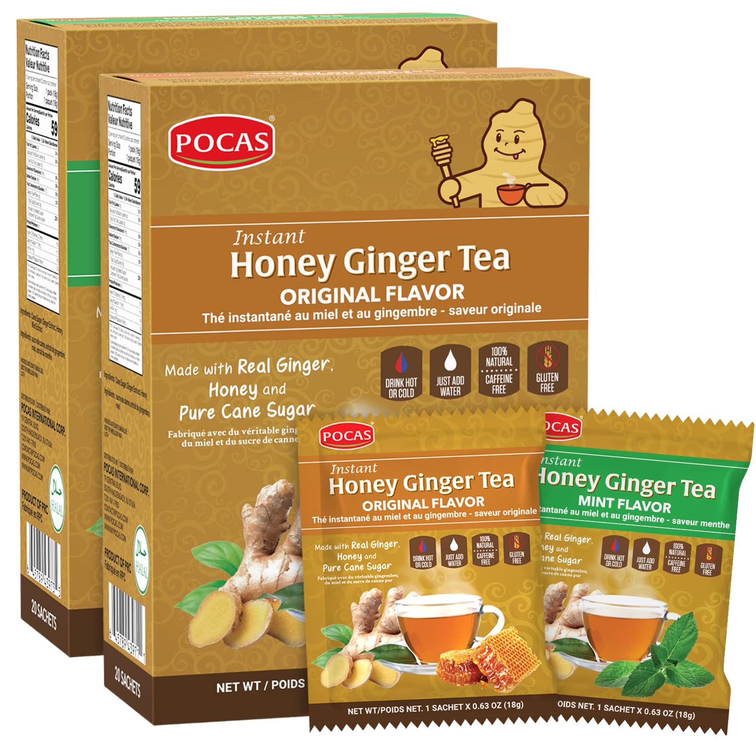 Pocas Honey Ginger Tea Variety Set - Instant Tea Powder & Honey Crystals, Non-GMO, Gluten Free, 40 Piece Assortment