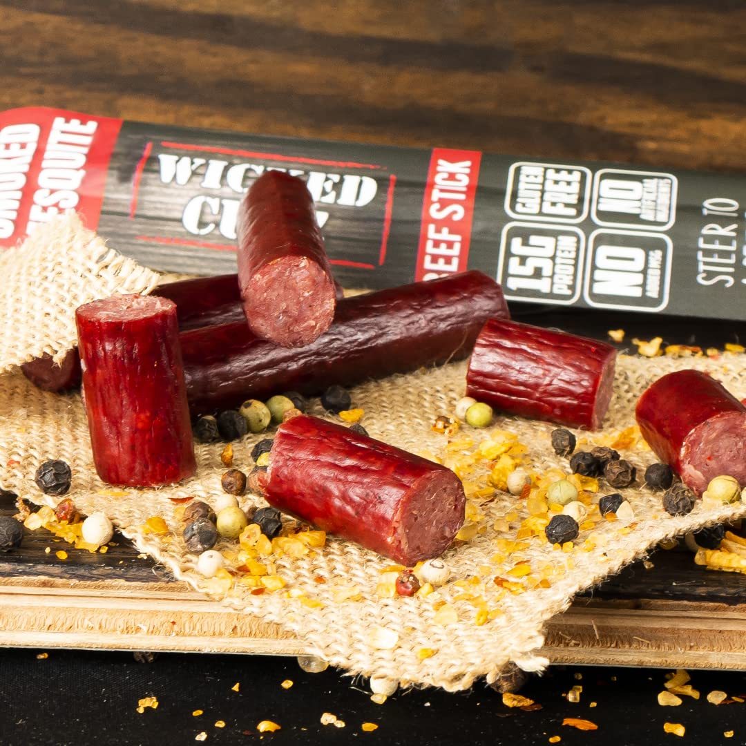 Wicked Cutz Smoked Mesquite Beef Sticks, High Protein, 15g Protein, 1.5 Ounce (Pack of 12)