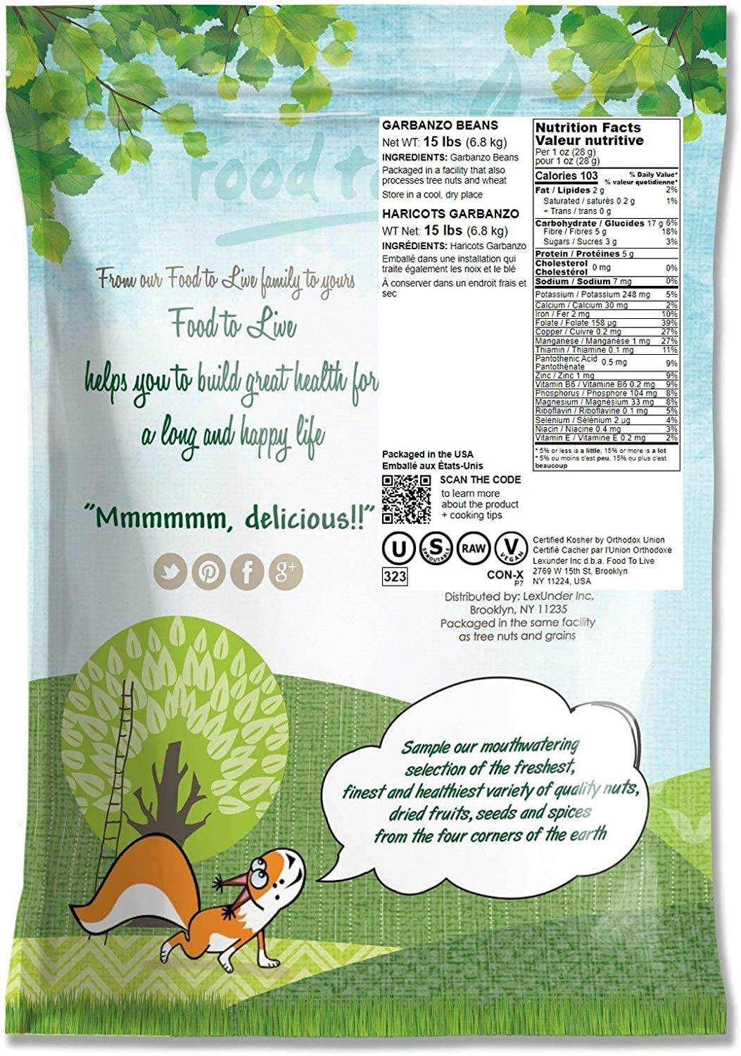 Food To Live - Garbanzo Beans, 15 Pounds Whole Dried Raw Chickpeas, Kosher, Vegan, Bulk, Sproutable, Low Sodium, Good Source Of