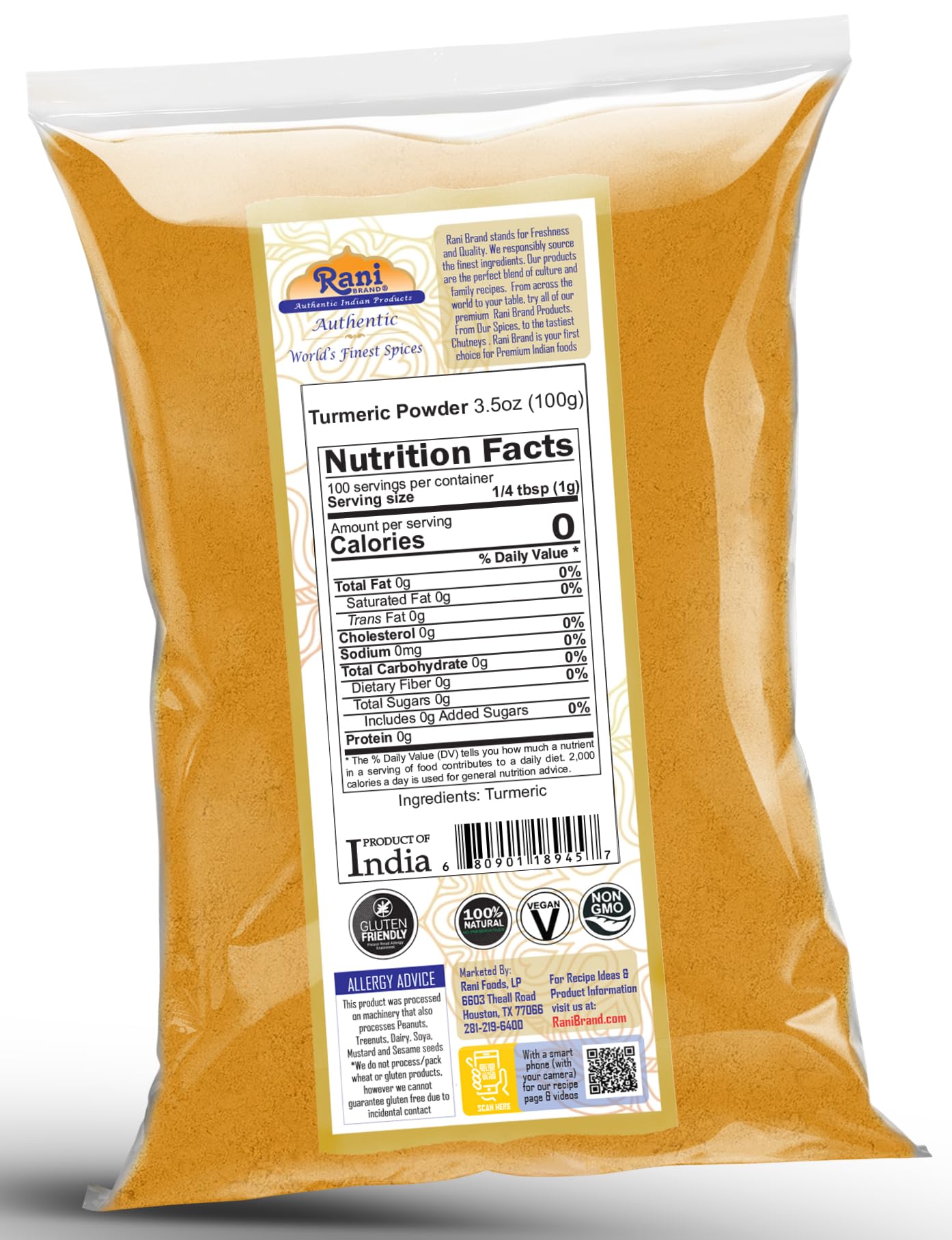 Rani Turmeric (Haldi) Root Powder Spice, (High Curcumin Content) 3.5Oz (100G) ~ All Natural | 100% Pure, Salt Free | Vegan | Gluten Friendly | Non-Gmo | Kosher | Indian Origin