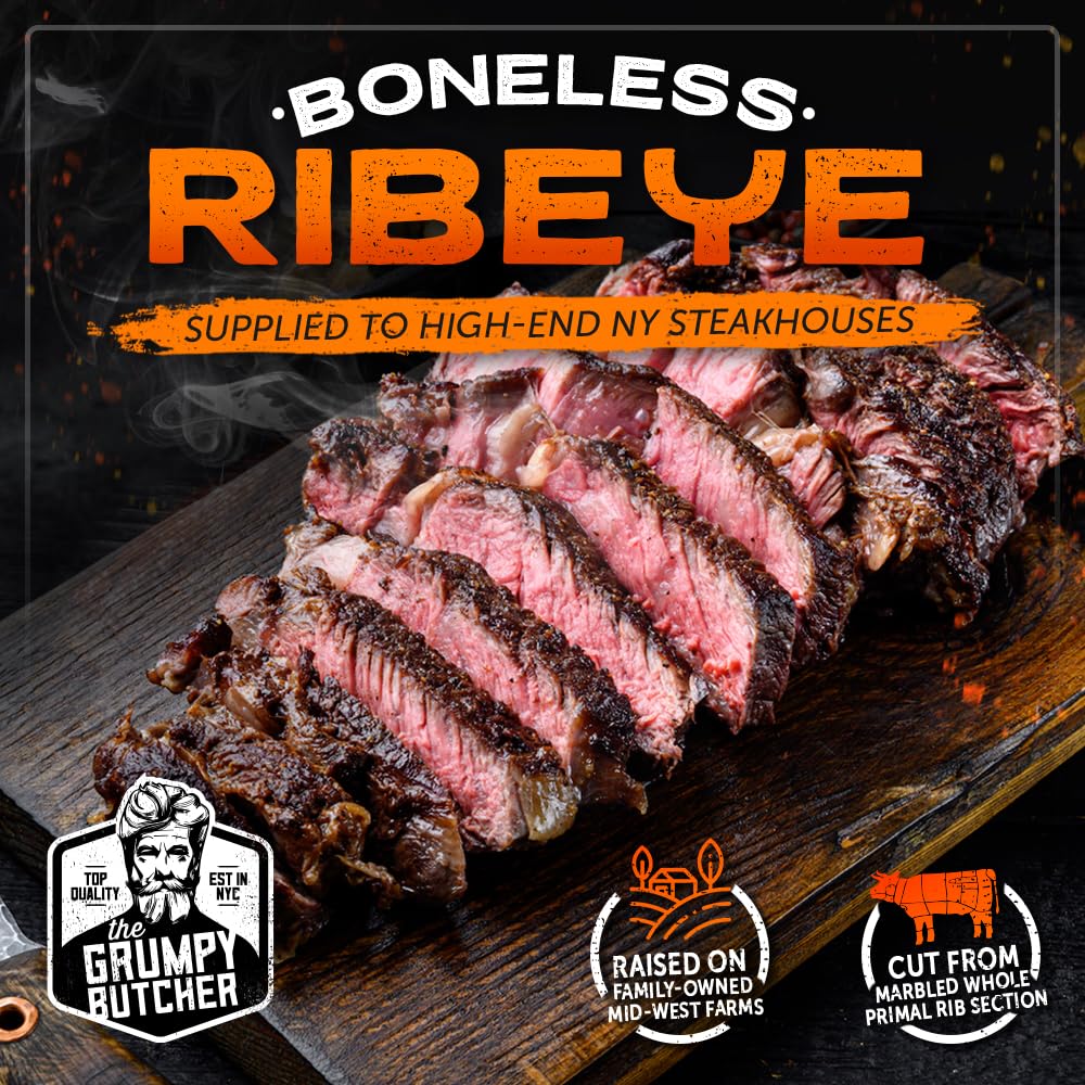 Grumpy Butcher 2-Steak Sampler Gift Basket For Men – 1 Ribeye Steak (14 Oz) & 1 Top Sirloin (6 Oz) – Gourmet Steakhouse Gift, Elegantly Packaged