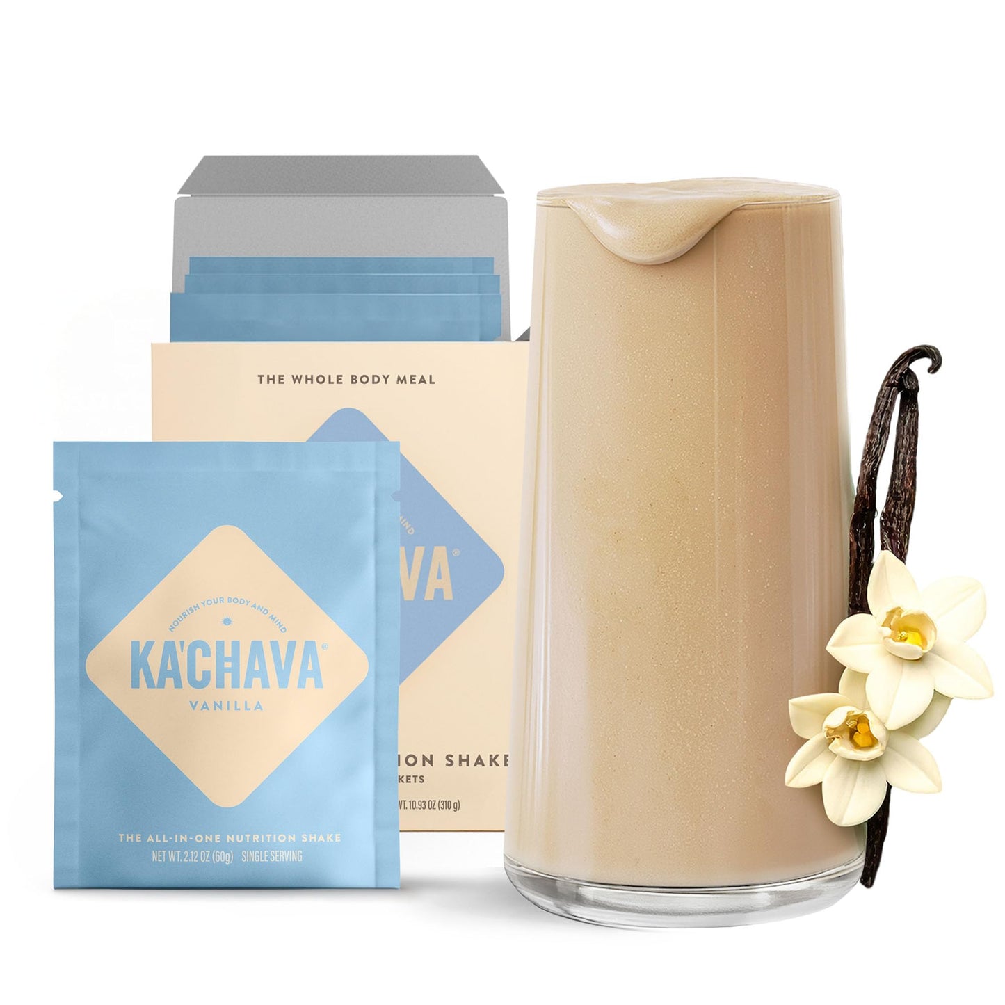 KaChava Whole Body Meal Shake Vanilla - Vegan Protein Powder with 85+ Superfoods & Greens - Plant-Based Meal Replacement with Probiotics & Digestive Enzymes - 5 Sachets Travel Pack (5 Servings)