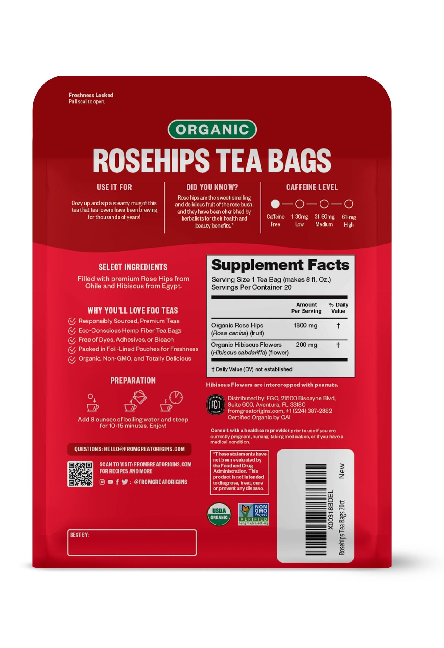 FGO Organic Rosehips Tea Bags, Eco-Conscious, 20 Count, Pack of 1