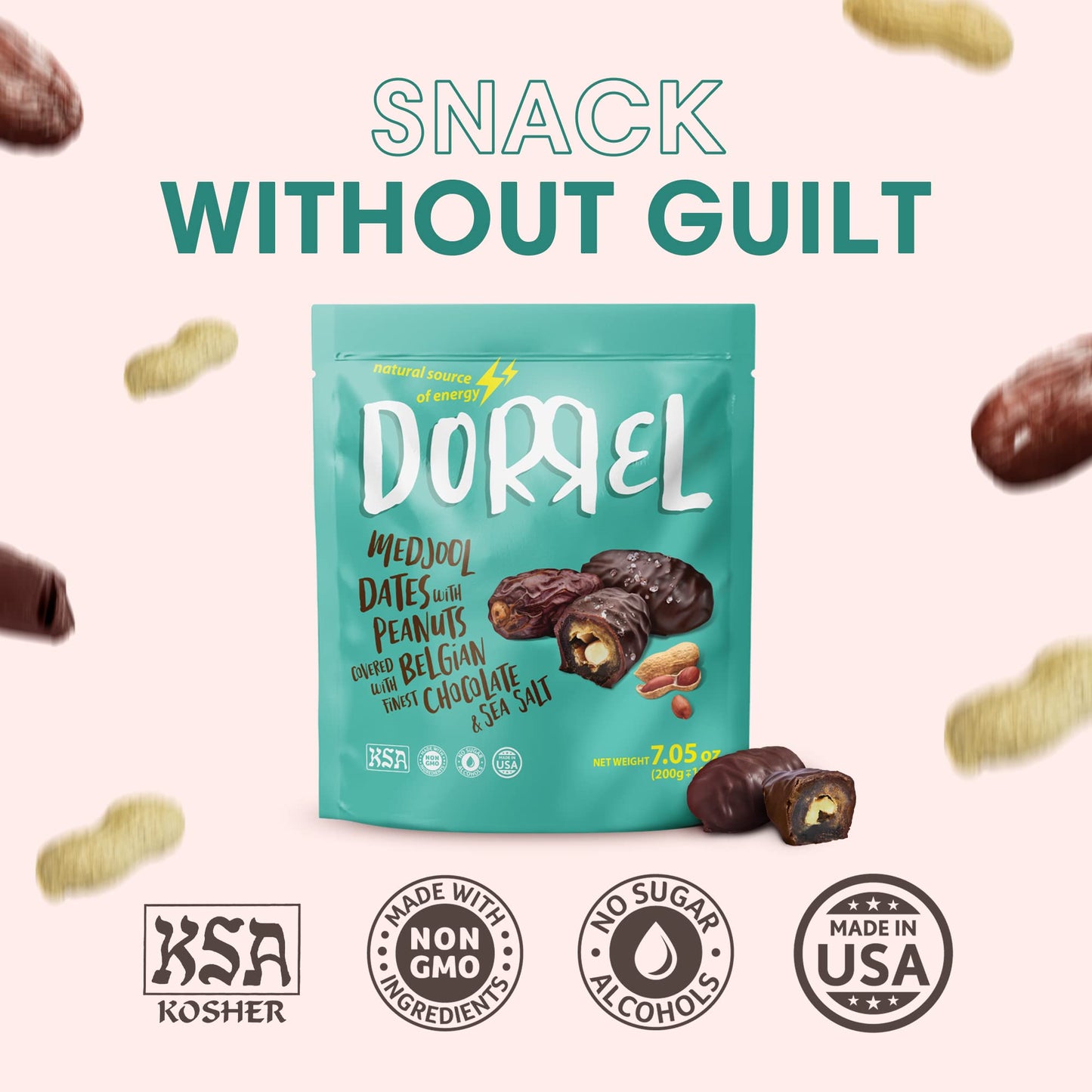 Dorrel - Belgian Dark Chocolate Covered Dates (Medjool) With Salted Peanuts Stuffing, High Energy Vegan Choco Snack, Delicious,