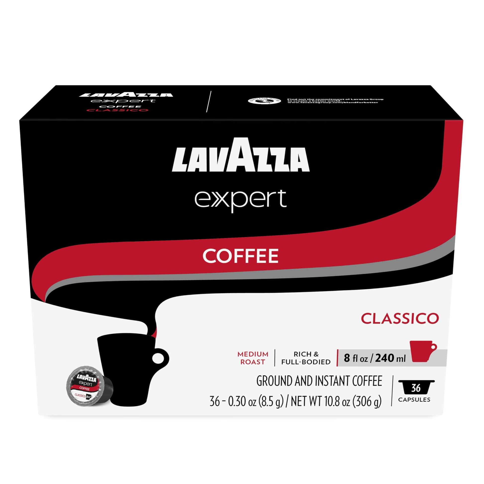 Lavazza Expert Classico Medium Roast Coffee Capsules, Arabica & Robusta Blend, 36 Count, Compatible with Classy Plus Machine