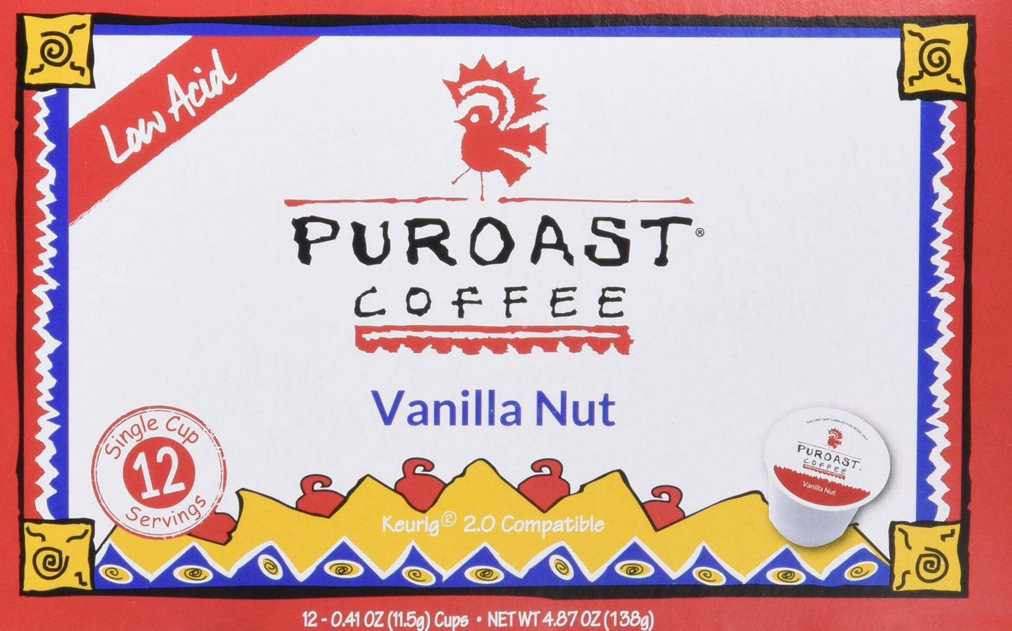 Puroast Low Acid Coffee Pods - Vanilla Medium Roast, 72 Count, Compatible with Keurig Brewer, No Bitter Aftertaste