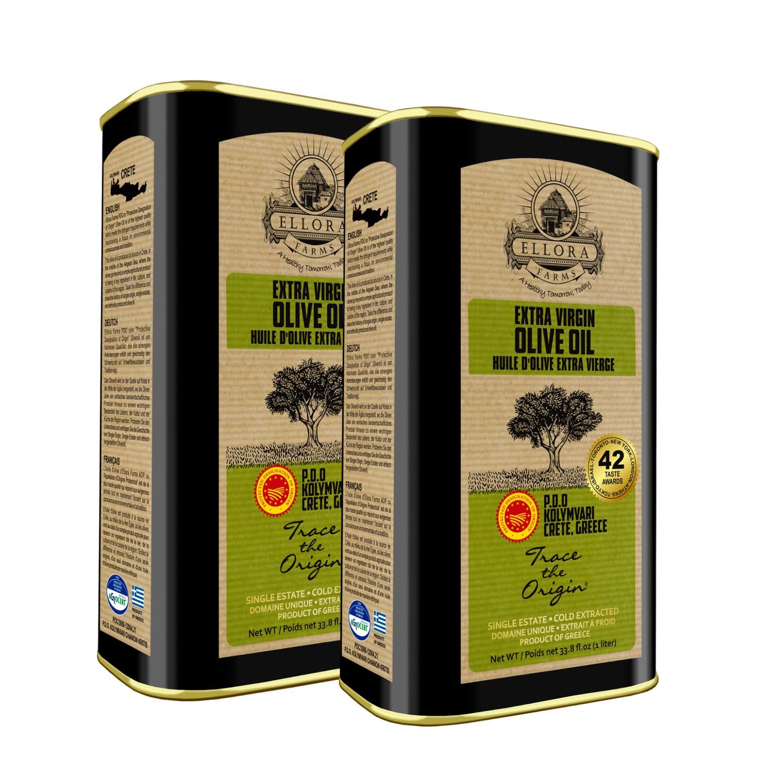 Ellora Farms Olive Oil Extra Virgin, Traceable & Certified PDO Polyphenol Rich Extra Virgin Olive Oil Cold Pressed, Global Gold 