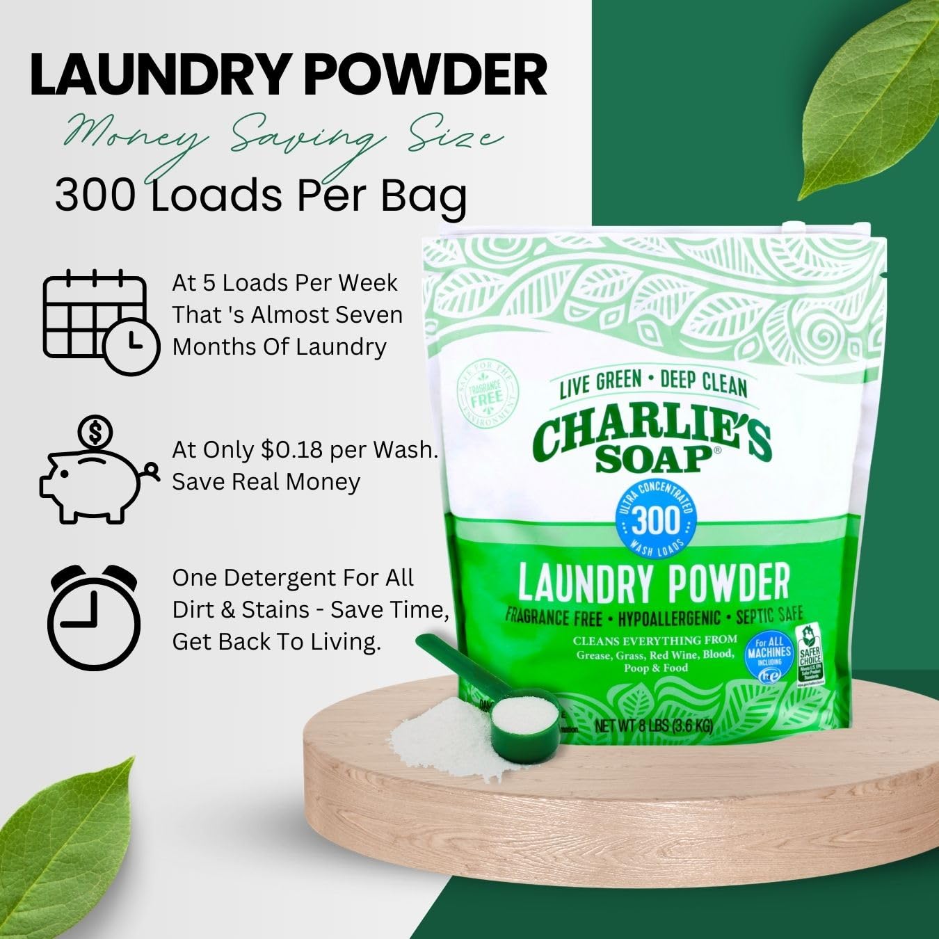 Charlies Soap Hypoallergenic Laundry Detergent Powder 8Lb Bag, Pack Of 4 (1200 Loads Total) Fragrance Free Plant Based Deep Clea