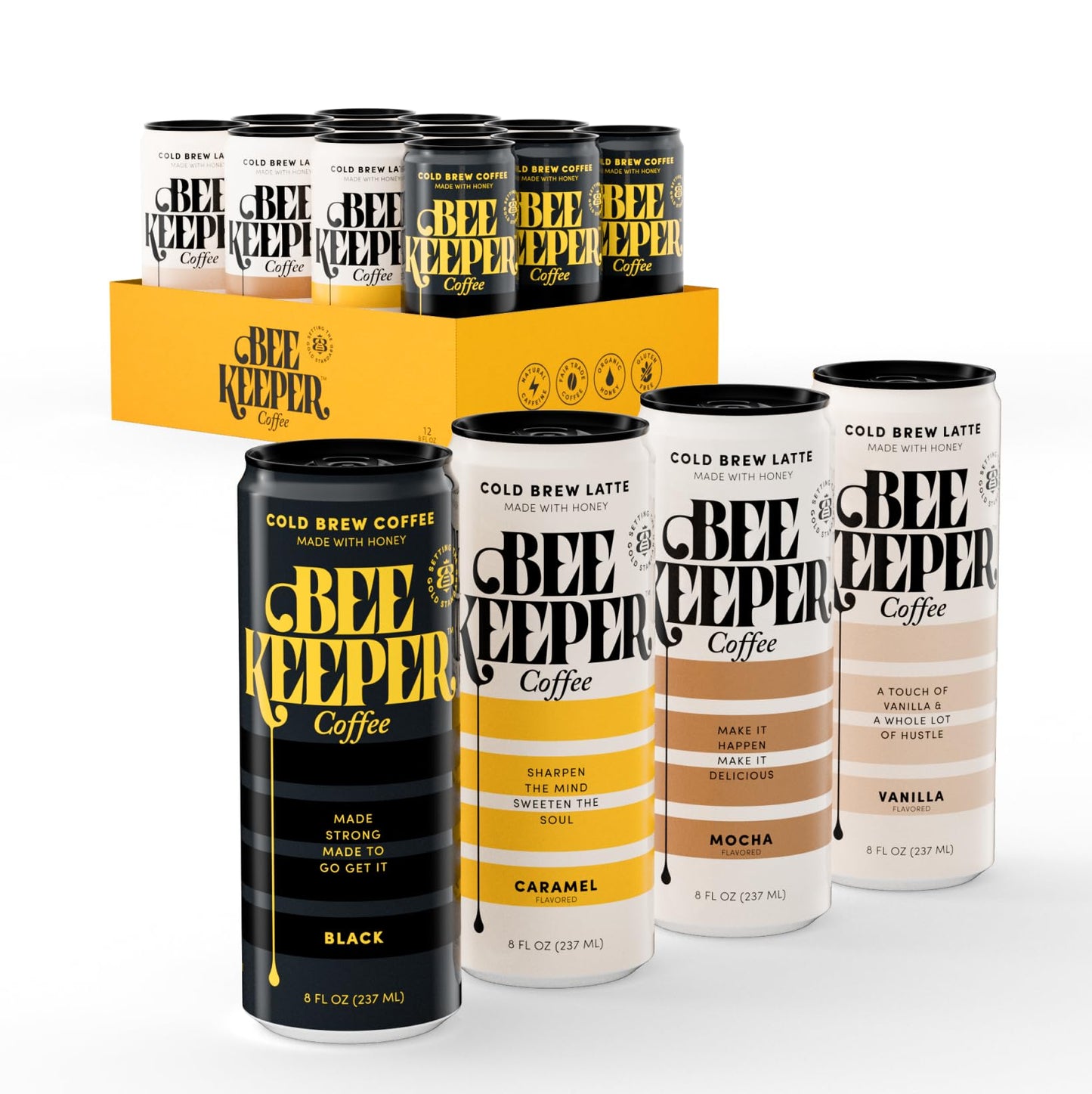 Beekeeper Coffee Black Cold Brew with Oregon Honey  8 fl oz cans (Pack of 12)  Ready-to-Drink  180mg Natural Caffeine