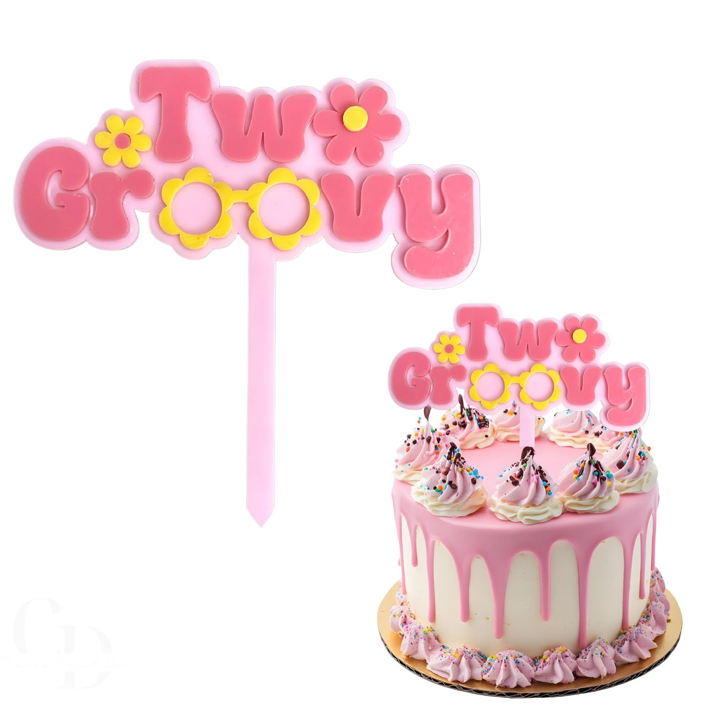 Two Groovy Cake Topper  Pink With Yellow Flowers  Top-Grade Double Layer Design  5.5X6.25 Inches