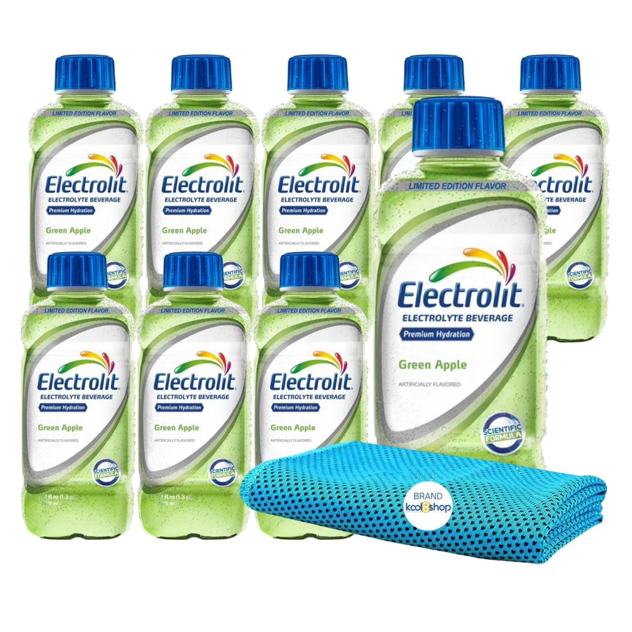 Electrolit Green Apple Hydration Drink With Electrolytes 21 fl oz Plastic Bottles 9 Pack + 1 Microfiber Cooling Towel by KOOL8SH