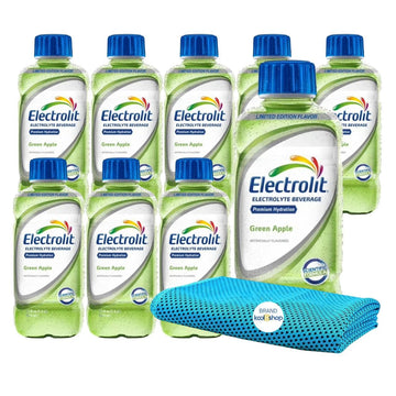 Electrolit Green Apple Hydration Drink With Electrolytes 21 fl oz Plastic Bottles 9 Pack + 1 Microfiber Cooling Towel by KOOL8SH