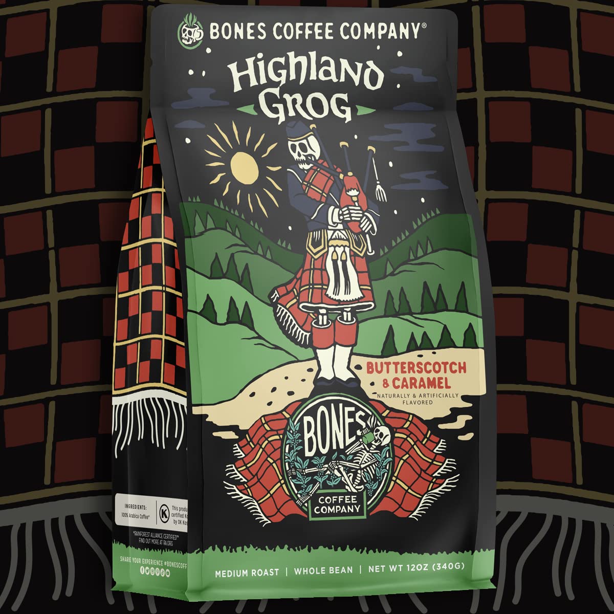 Bones Coffee Company Highland Grog, Butterscotch Caramel Flavored Coffee, Medium Roast Low Acid Arabica Beans Compatible with Au