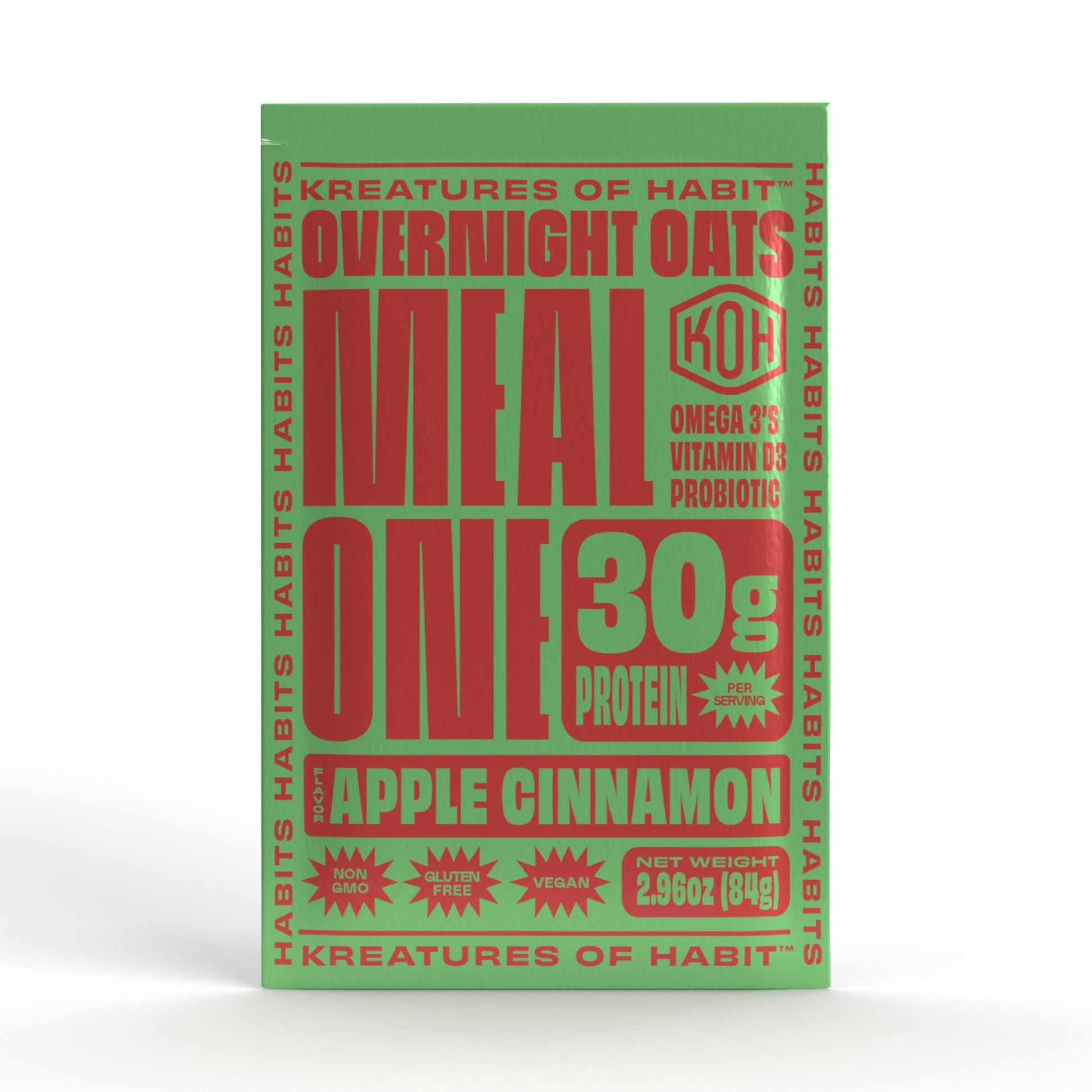 Kreatures Of Habit Meal One | Overnight & Instant Superfood Protein Meal Replacement | Gluten Free, Dairy Free, 30G Of Plant Based Protein, With No Added Sugar | Apple Cinnamon | Pack Of 7