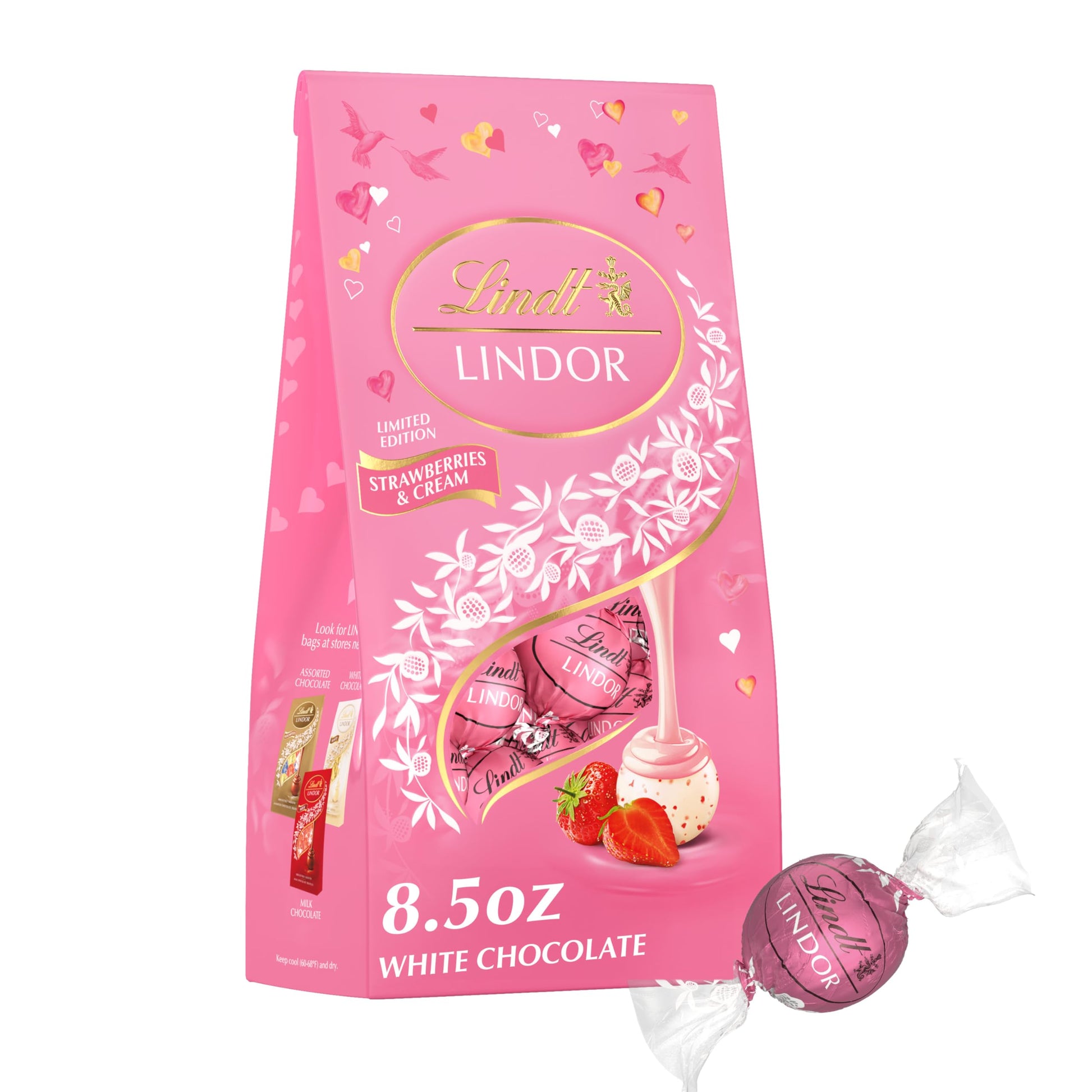 Lindt LINDOR Strawberries and Cream Truffles, 8.5 oz Bag, White Chocolate Candy