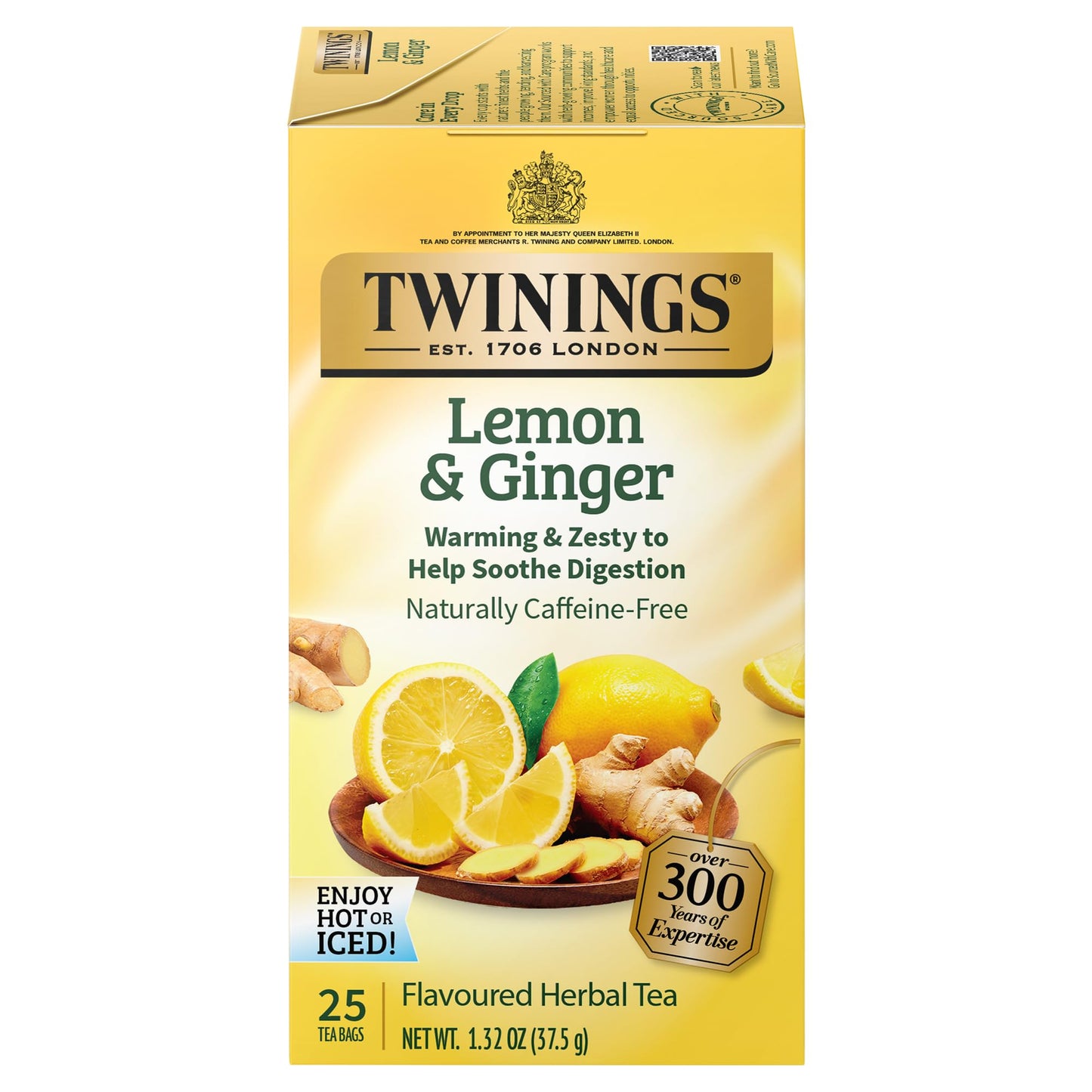 Twinings Lemon & Ginger Individually Wrapped Herbal Tea Bags, 25 Count (Pack Of 6), Spicy Ginger, Lemon Peel And Lemongrass, Enj