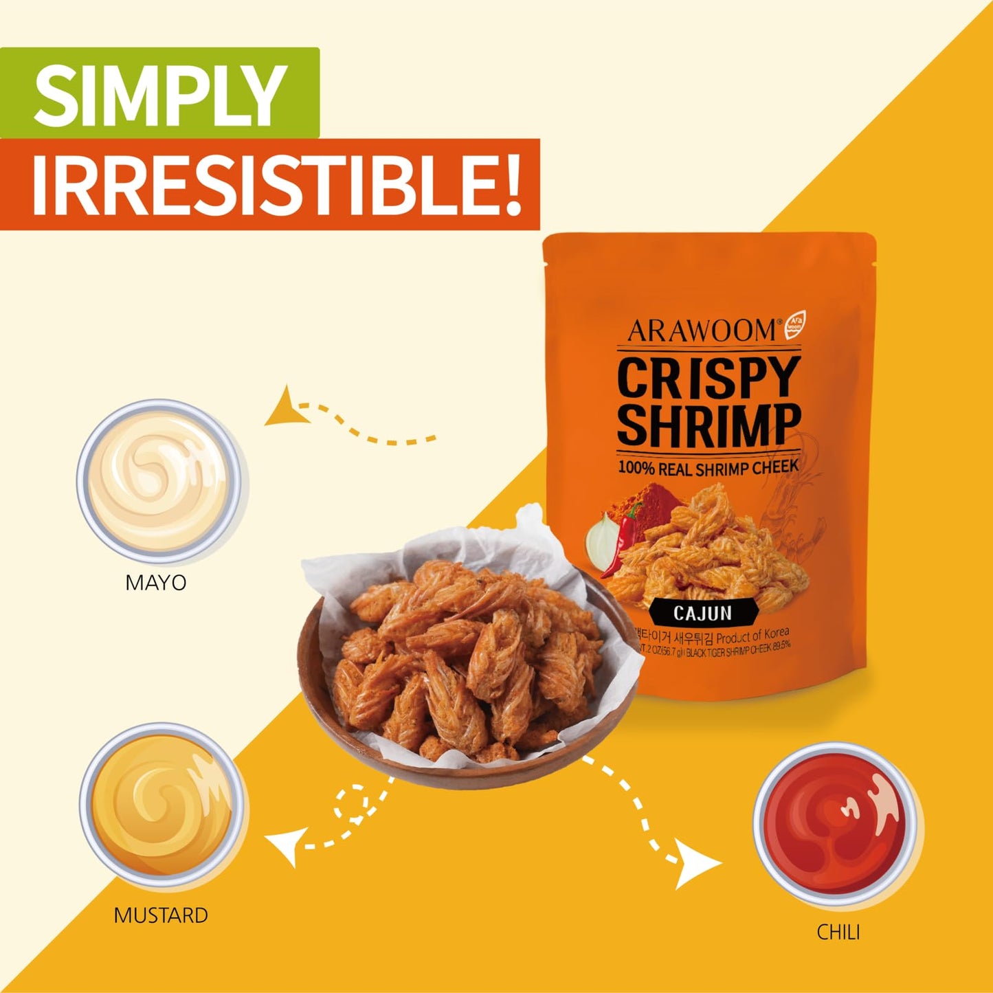 Arawoom - Real Crispy Shrimp Cheek Snack - 100% Real Black Tiger Shrimp [2 Ounce (Pack Of 3)] - Cajun Flavors - Crunchy Treat Fo
