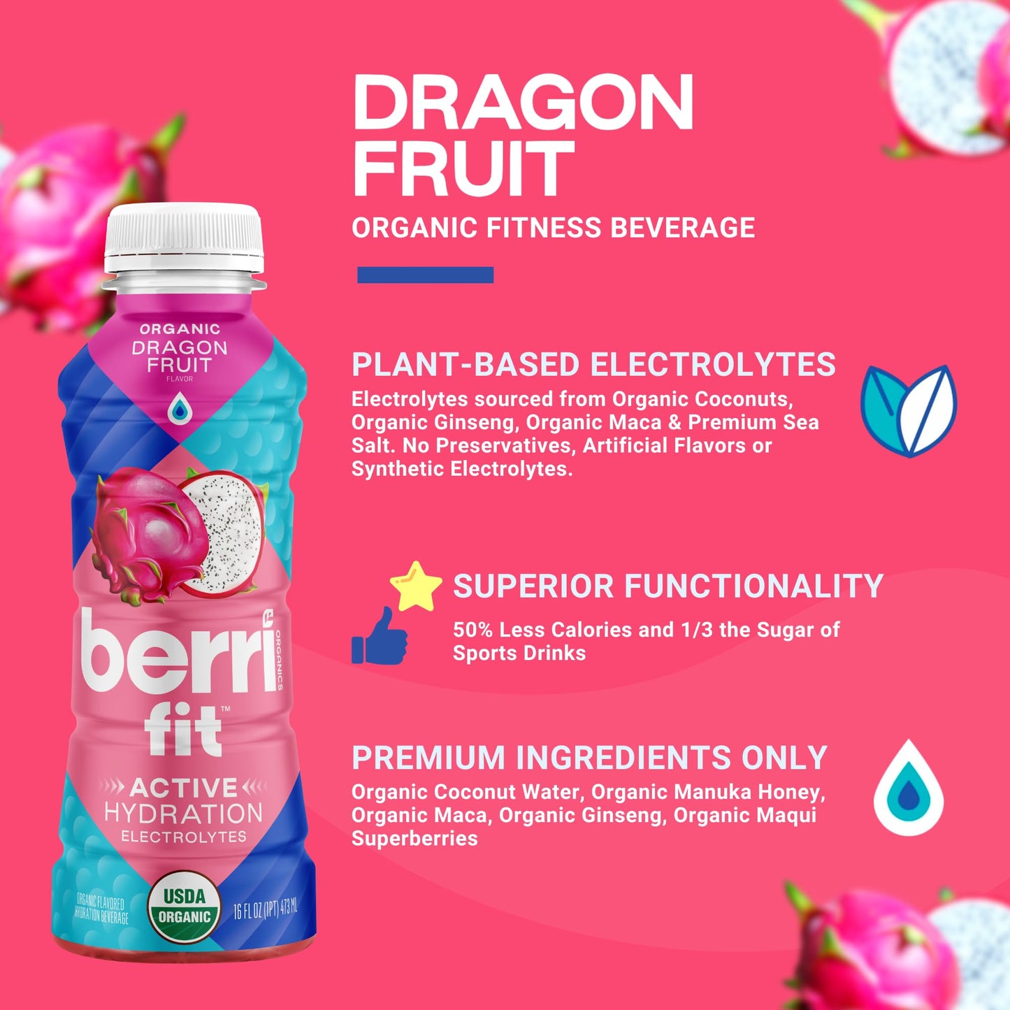 Berri Fit Organic Dragon Fruit Sports Drink - Plant-Based Electrolyte Beverage, Low Calorie, 4 Pack, 16oz