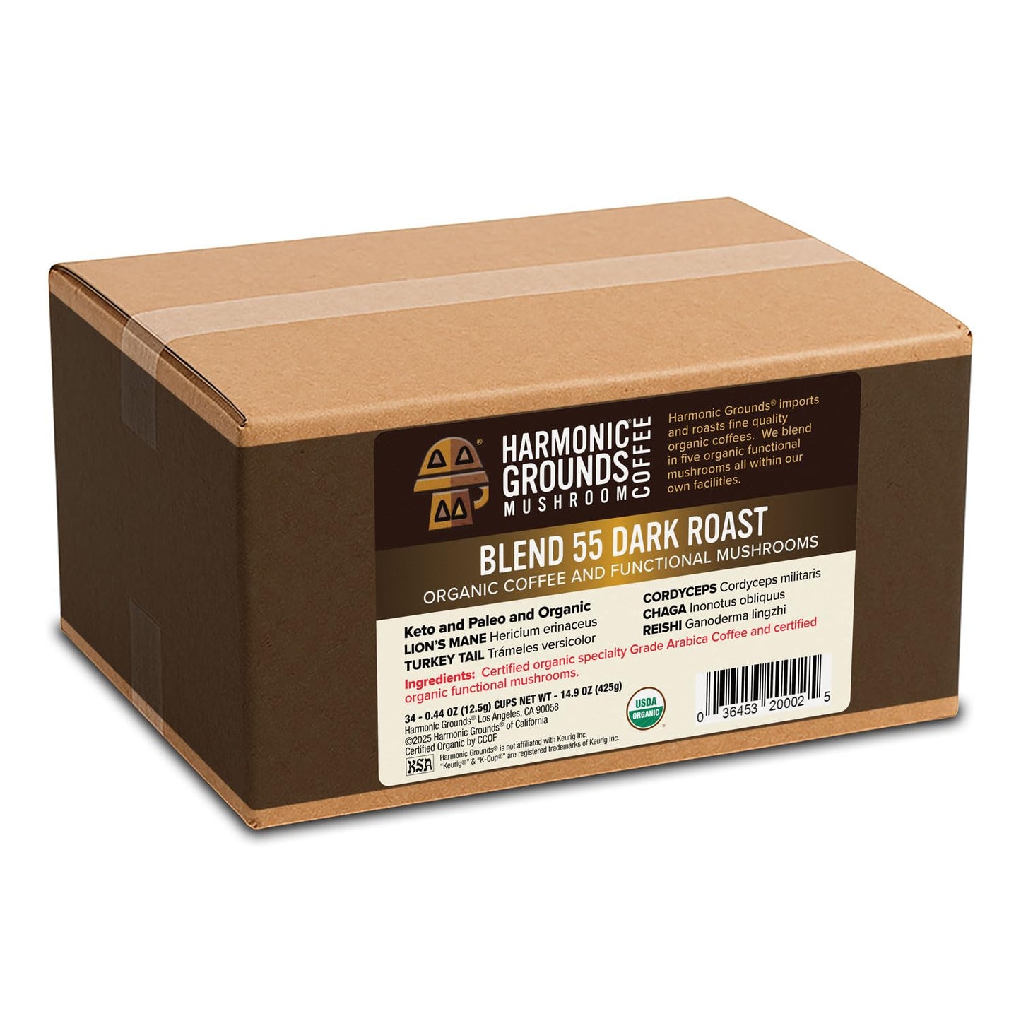 Harmonic Grounds Organic Mushroom Coffee Pods - Dark Roast Coffee with Lions Mane  Reishi  Chaga  Cordyceps & Turkey Tail - Compatible with Keurig K-Cup malt-inspired - 34 Count