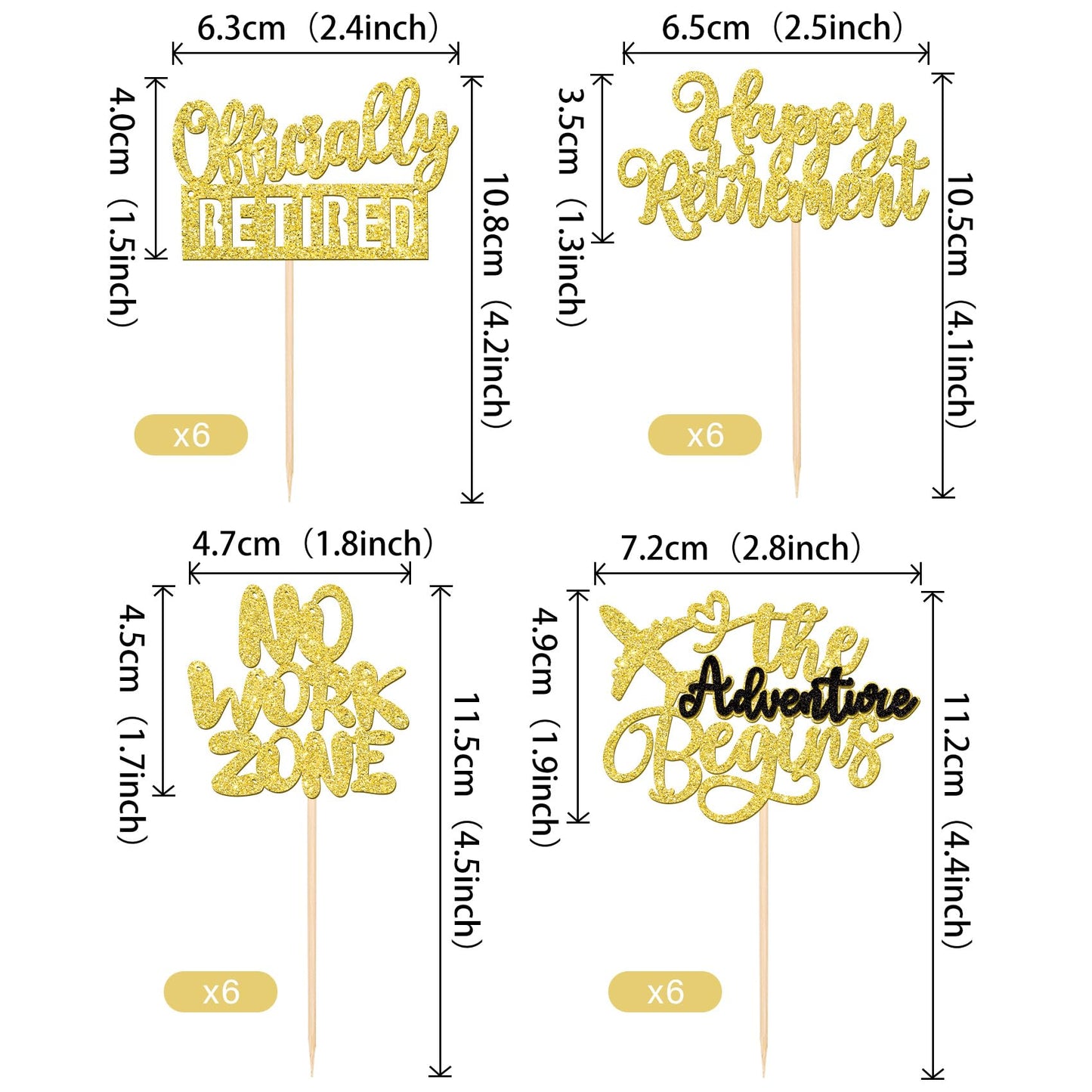 Rssta i Cupcake Toppers Gold Glitter Retirement Party Decorations, 24 Pack, Adventure Begins, No Work Zone