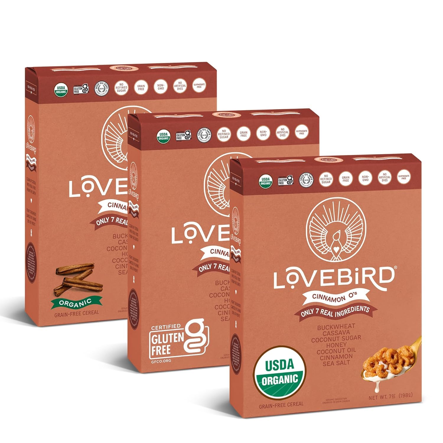 Lovebird Gluten Free Cereal - Organic Grain Free, Cinnamon Flavor, 3 Pack, Paleo, AIP, Dairy Free, Keto Friendly, No Refined Sugar