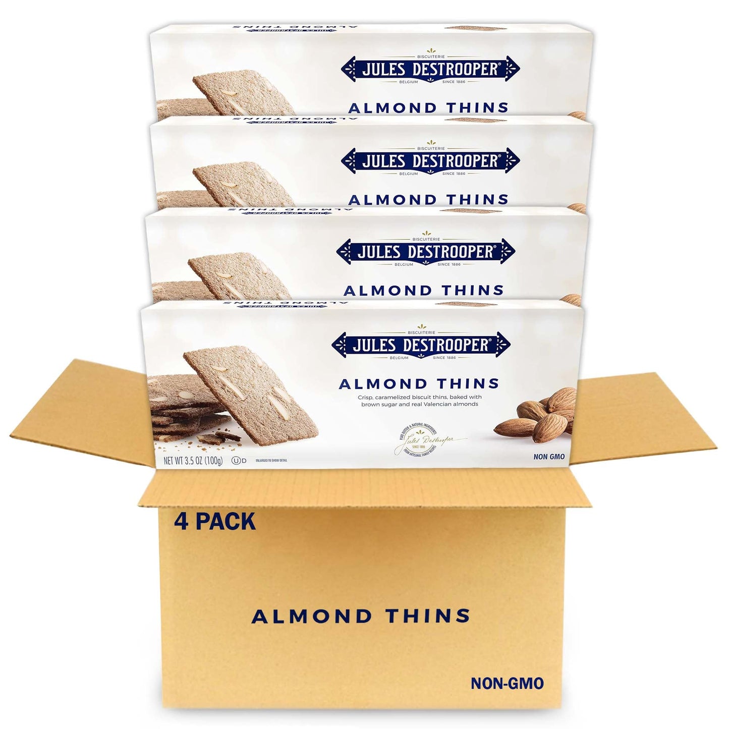 Jules Destrooper Almond Thins - Caramelized Butter Biscuits, Kosher Dairy, Authentic Made In Belgium - 3.5Oz (Pack Of 4)