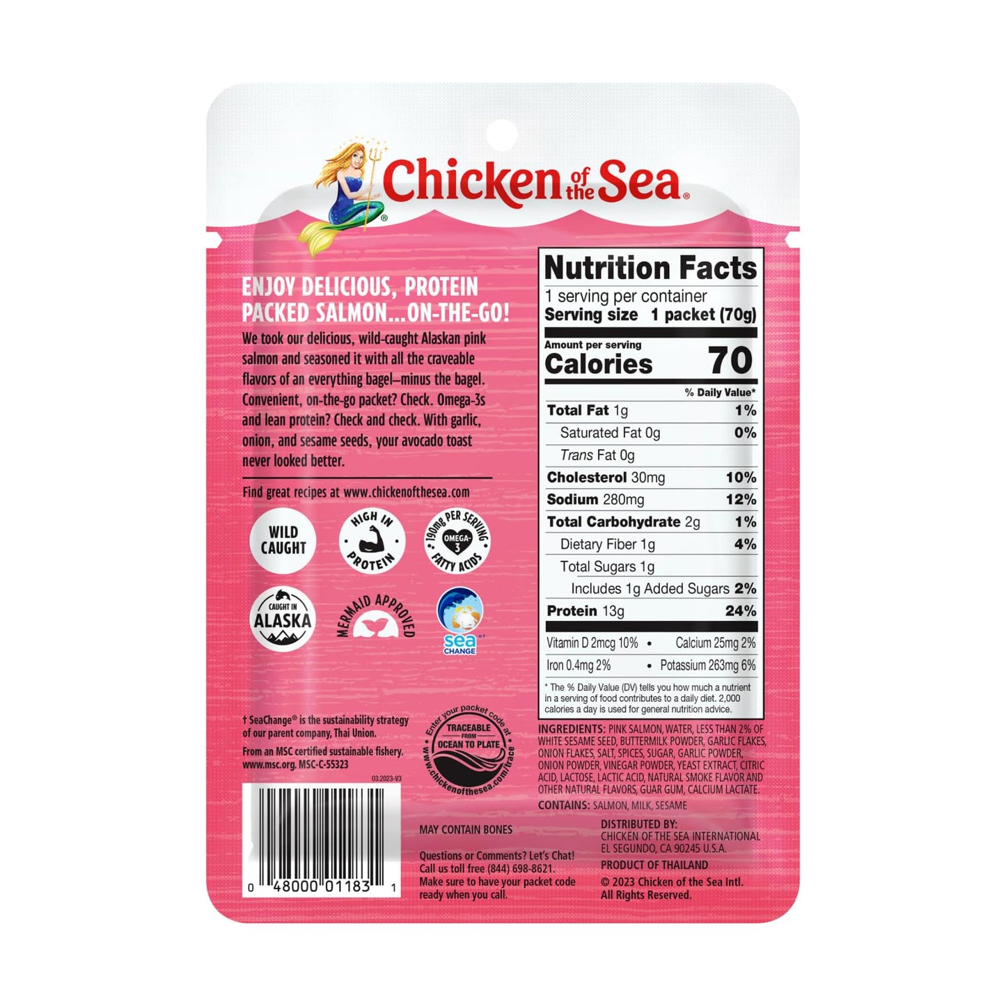 Chicken of the Sea Wild Caught Alaskan Pink Salmon with Everything Bagel Seasoning, 2.5 oz Packet, Box of 6