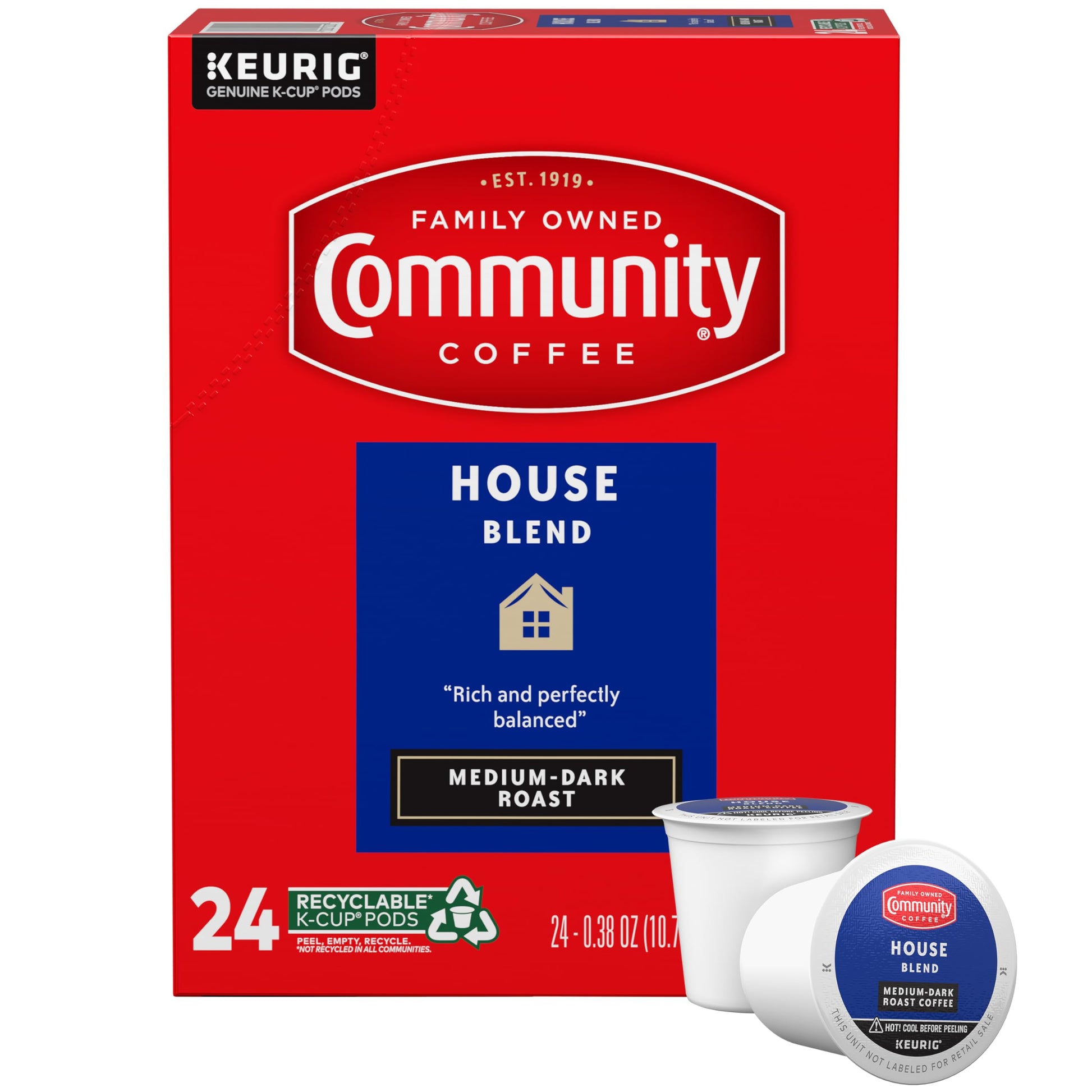 Community Coffee House Blend Coffee Pods, Medium Dark Roast, Compatible with Keurig 2.0, 24 Count