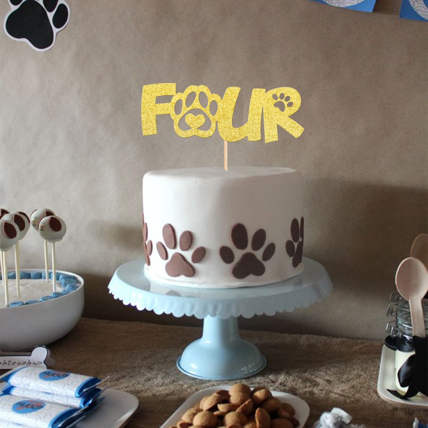 1 Pcs Four Cake Topper Gold Glitter 4 Years Old Birthday Dog Paw Cake Pick For Puppy Dog Let'S Pawty Theme Kids Boys Girls 4Th B