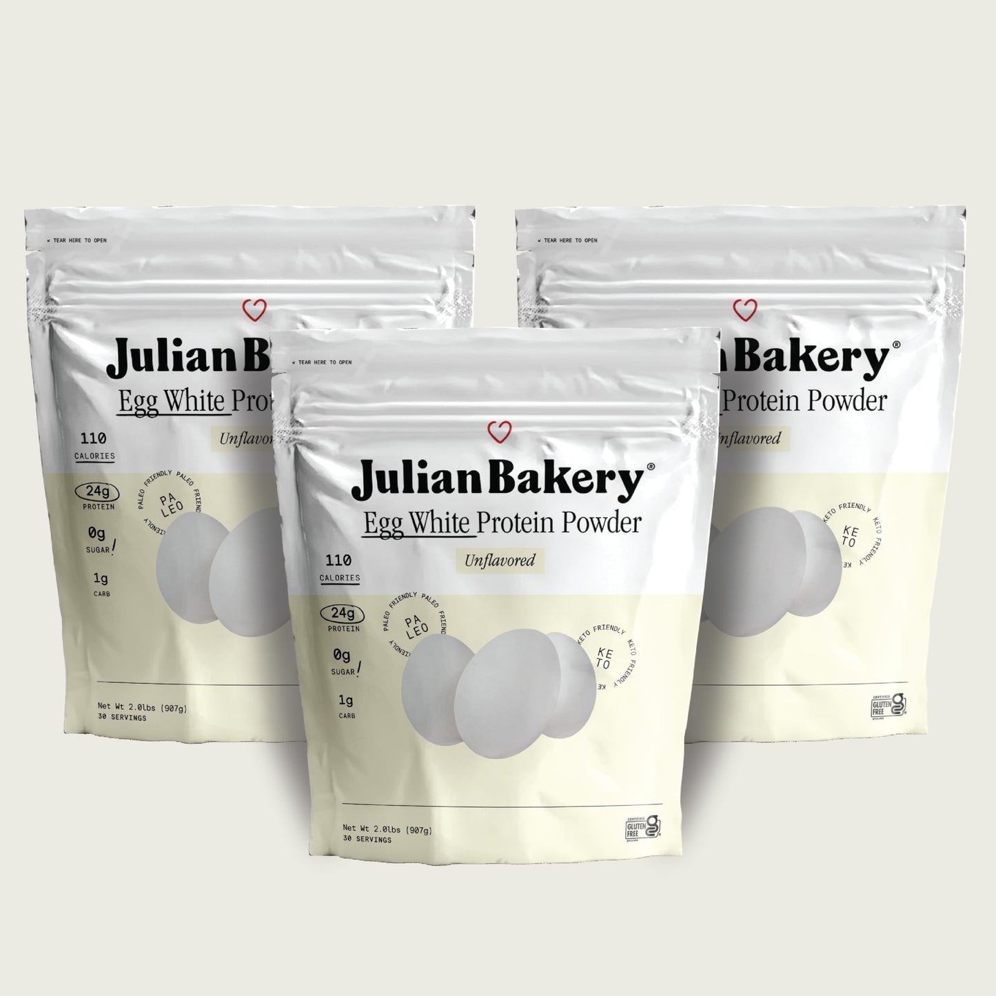 Julian Bakery Paleo Thin Protein Powder | Egg White | Unflavored | 25g Protein | Soy-Free | GMO-Free | Three 2 LBS Bags | 90 Ser