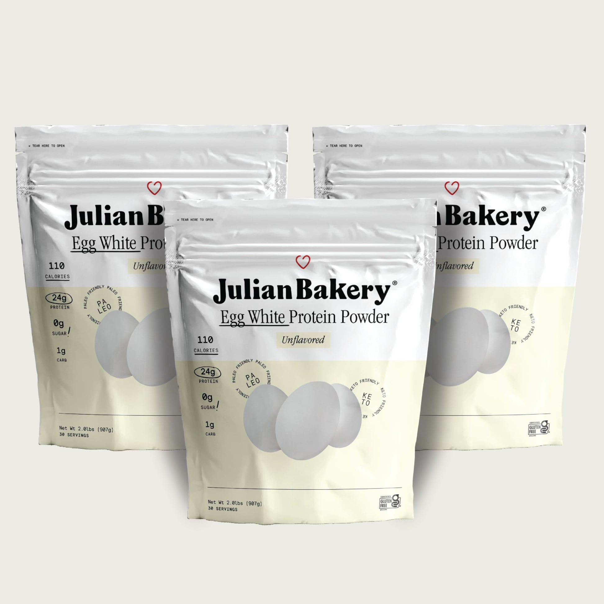 Julian Bakery Paleo Thin Protein Powder | Egg White | Unflavored | 25g Protein | Soy-Free | GMO-Free | Three 2 LBS Bags | 90 Ser