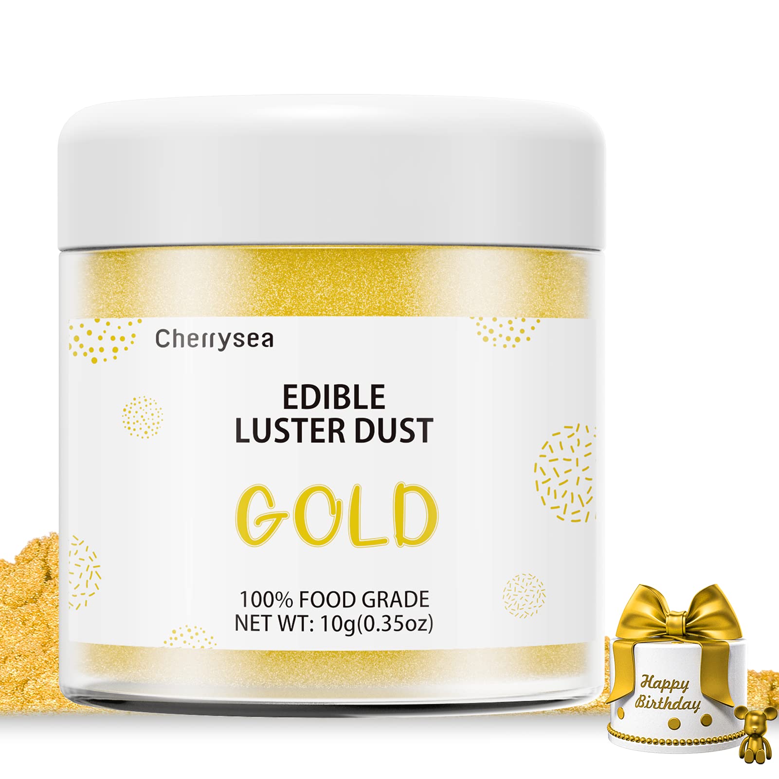Cherrysea Gold Edible Luster Dust, Food Grade Dessert Powder for Baking, 10 Grams, Tasteless for Cupcakes, Cake Pops, Fondant, Chocolate