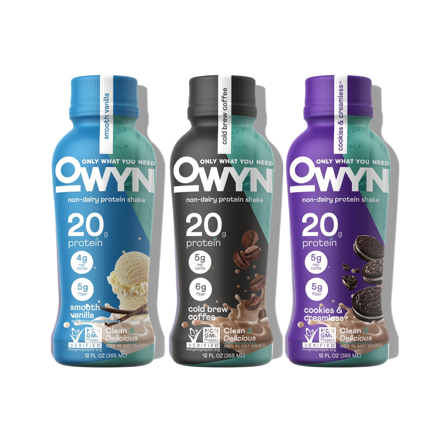OWYN Protein Shake Variety Pack, Vanilla, Cold Brew Coffee, Cookies and Creamless Flavored Protein Shakes, 20g Protein, 4g Sugar