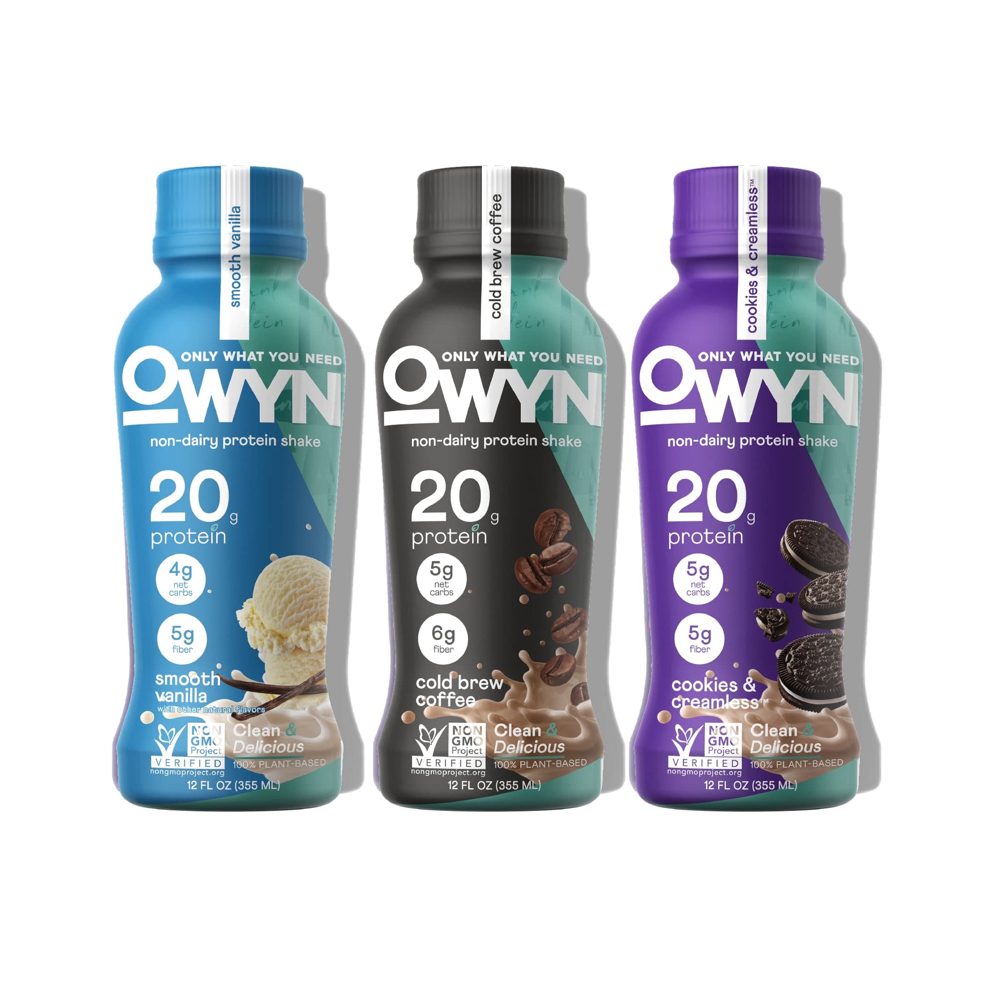 OWYN Protein Shake Variety Pack, Vanilla, Cold Brew Coffee, Cookies and Creamless Flavored Protein Shakes, 20g Protein, 4g Sugar