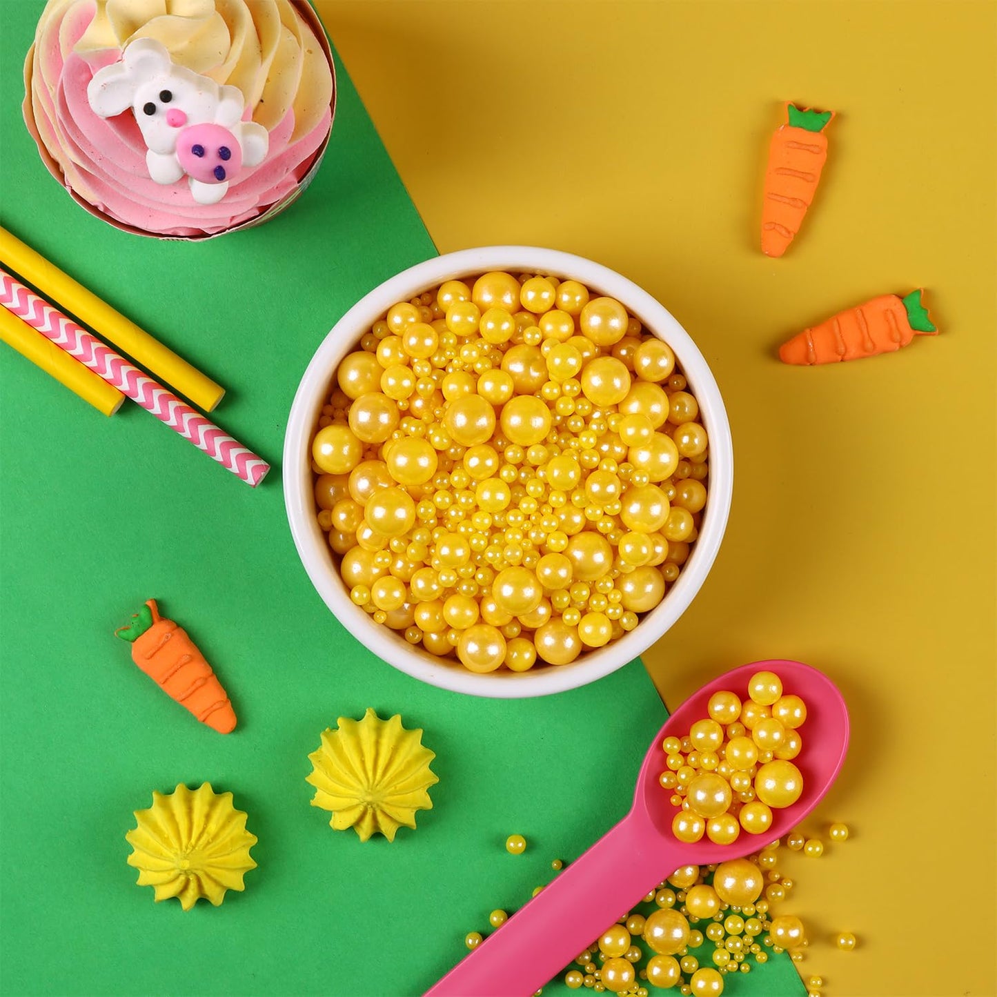 Yellow Sprinkles For Cake Decorating, Edible Sugar Pearls Mixing Sizes For Cupcake Topper, Cookies, Ice Cream Toppings Cake Deco