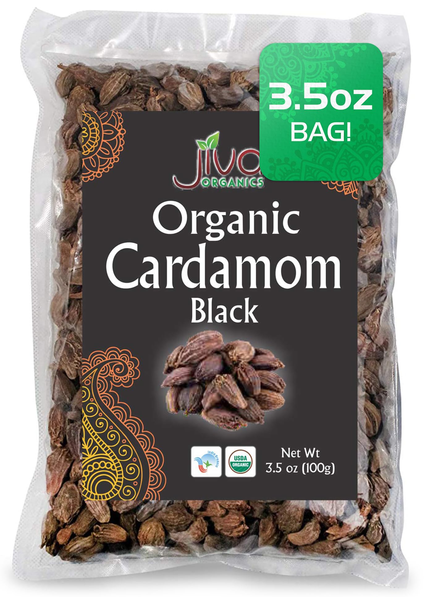 Jiva Organics Organic Black Cardamom 3.5 Ounce Bag - Indian Badi Kali Elaichi - Non-Gmo