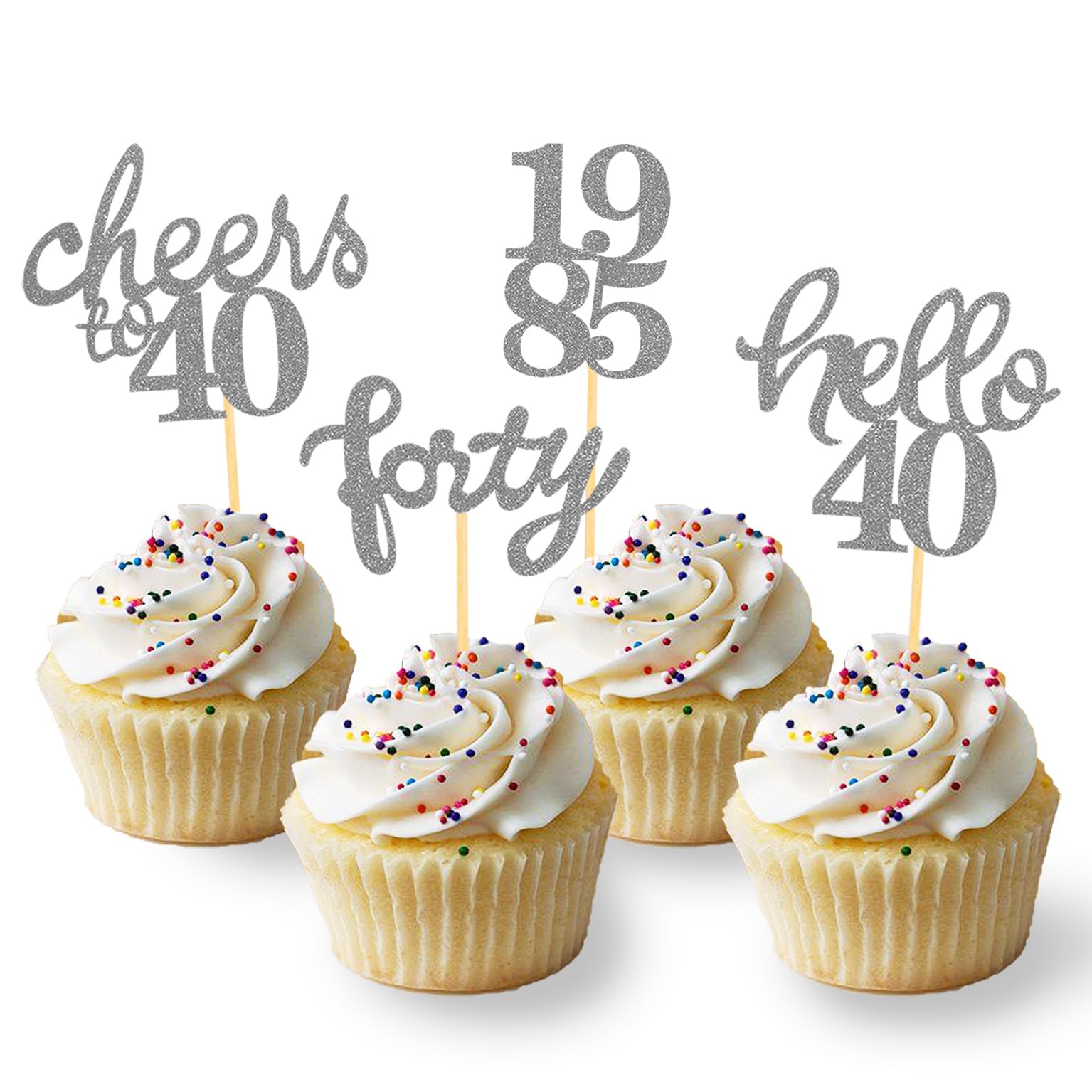 24 Pcs Glitter 40th Birthday Cupcake Toppers for Celebrating Forty Years Old Birthday Party Decorations (Glitter Silver)